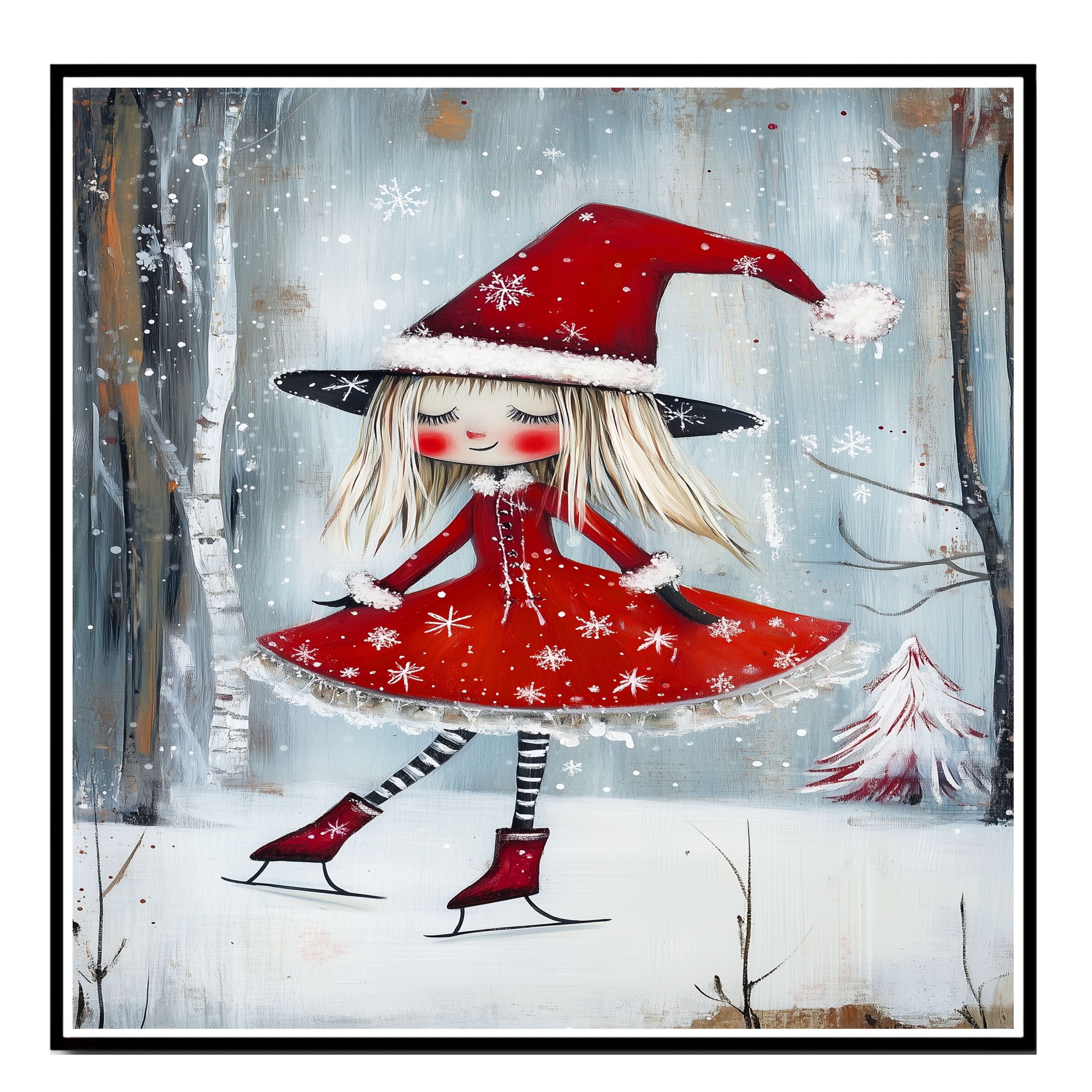 Christmas Witch Ice Skating Print – Whimsical Red Dress & Striped Tights Holiday Art, Cute Winter Witch Decor, Magical Snowy Season Wall Art for Girls' Room or Nursery on Ready to Hang 1.5" Thick Canvas Wrap, Floating Framed Canvas, Flat Rolled Canvas
