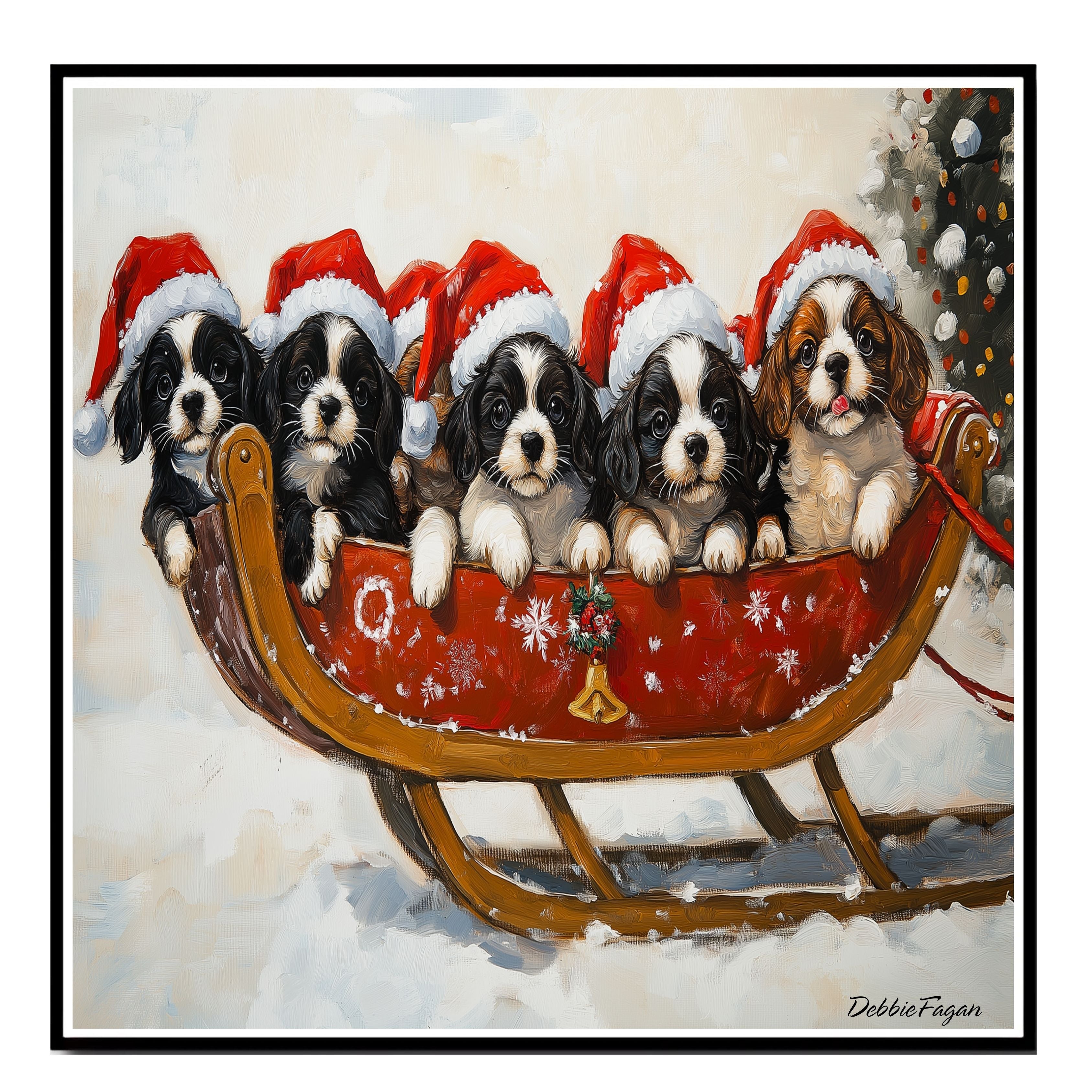 Dog Christmas Canvas  - "Santa's Little Helpers" - Adorable Puppies in Santa Hats on a Sleigh in a Winter Wonderland on Ready to Hang 1.5" Thick Canvas Wrap, Floating Framed Canvas, Flat Rolled Canvas