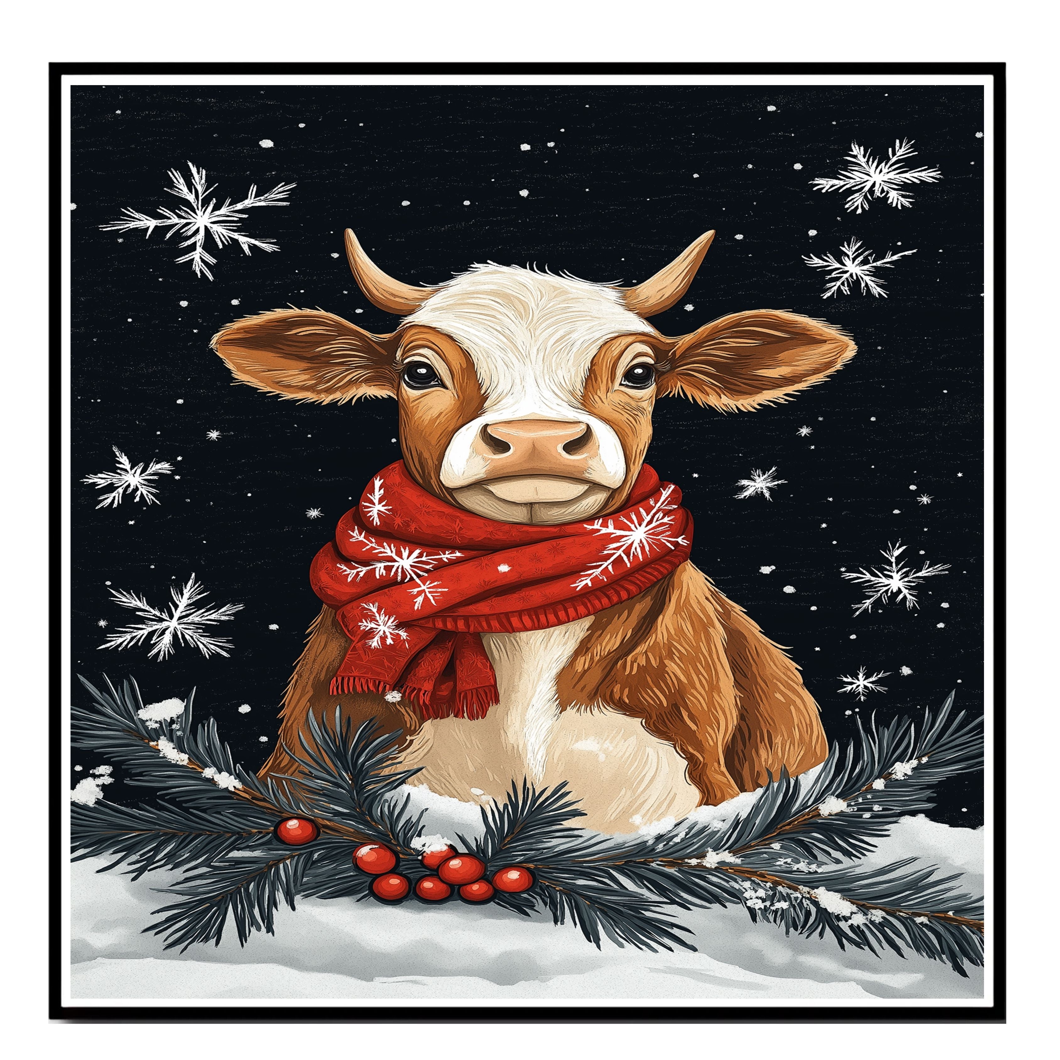 "Winter Bliss Cow" - Cow in Red Scarf Sitting in Snow on Ready to Hang 1.5" Thick Canvas Wrap, Floating Framed Canvas, Flat Rolled Canvas