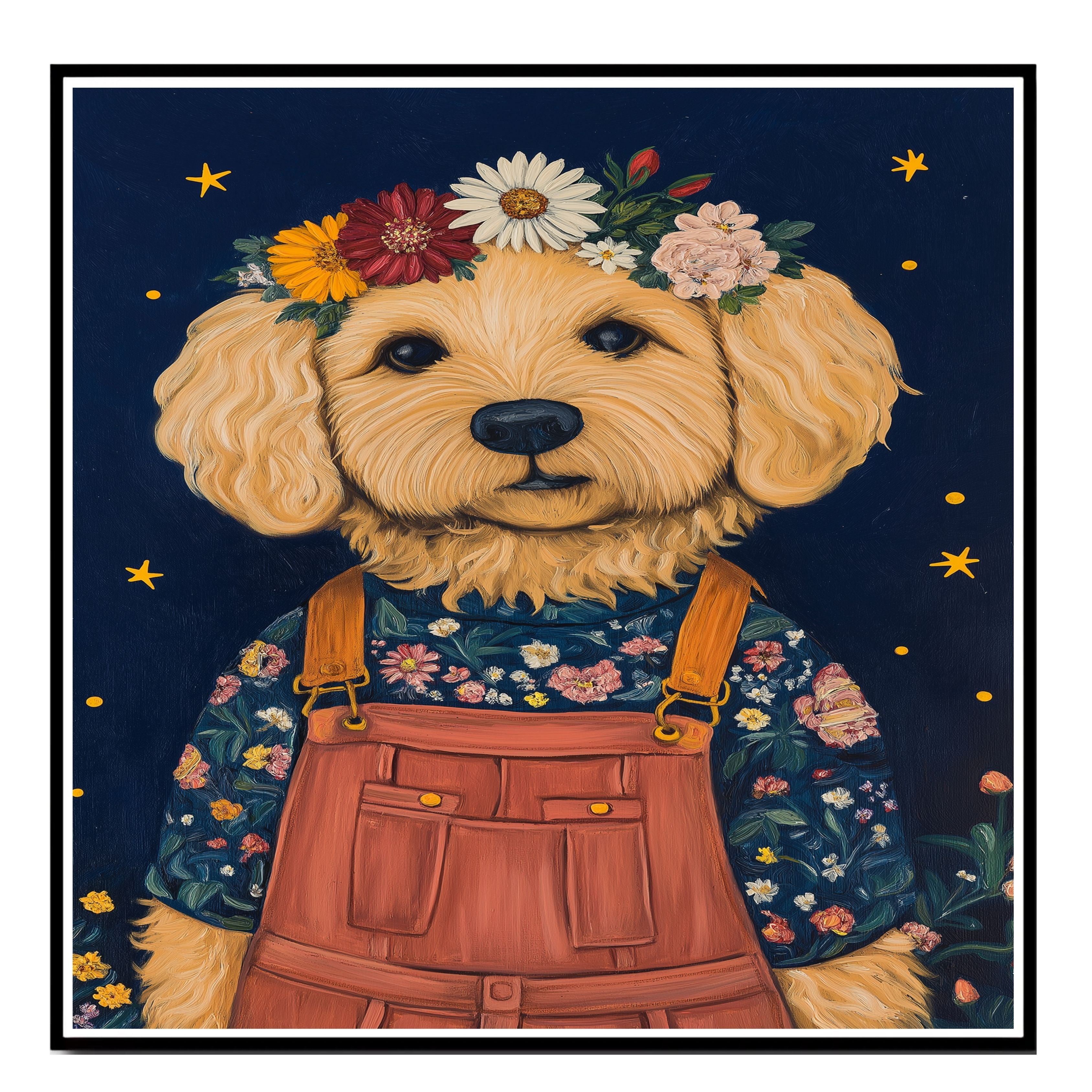 Charming Golden Doodle in Floral Overalls and Flower Crown Playful Dog Art for Nursery Kids Room Living Room Decor and Perfect Gift for Dog Lovers on Ready to Hang 1.5" Thick Canvas Wrap, Floating Framed Canvas, Flat Rolled Canvas