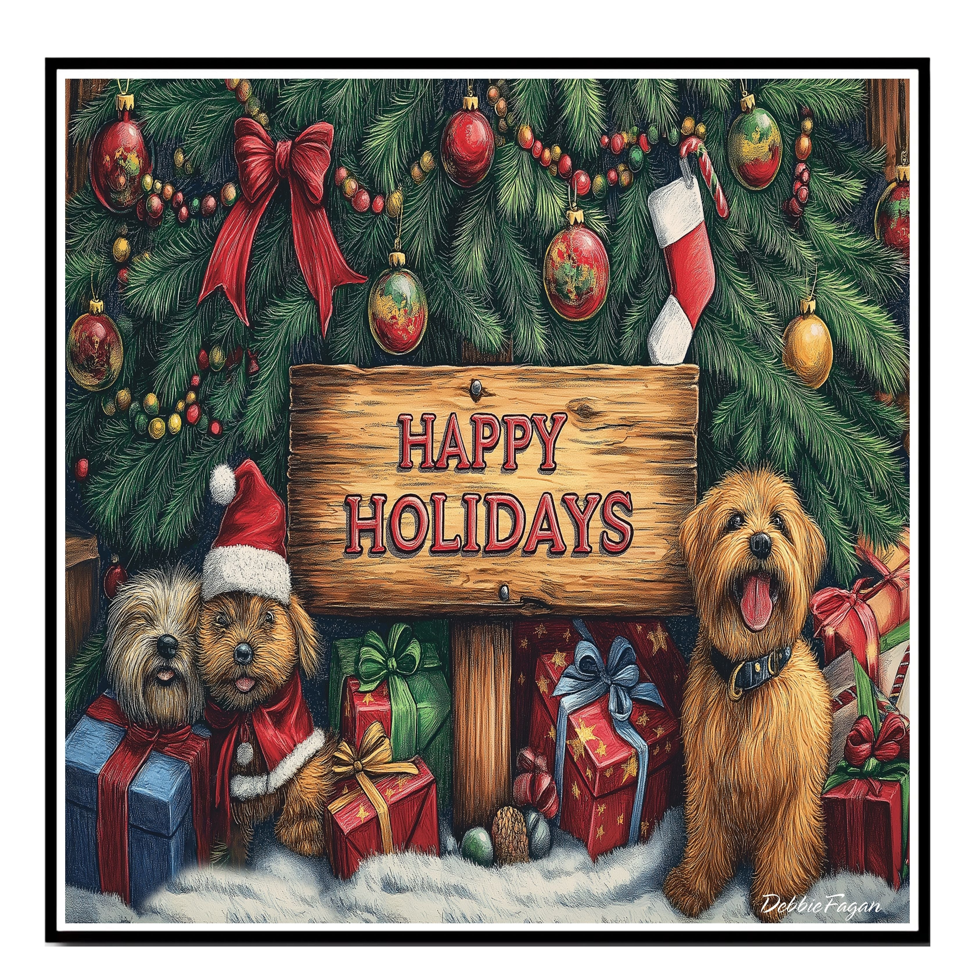 "Puppy Present Paradise" - Adorable Puppies Surrounded by Christmas Gifts Under the Tree in Winter Snow on Ready to Hang 1.5" Thick Canvas Wrap, Floating Framed Canvas, Flat Rolled Canvas