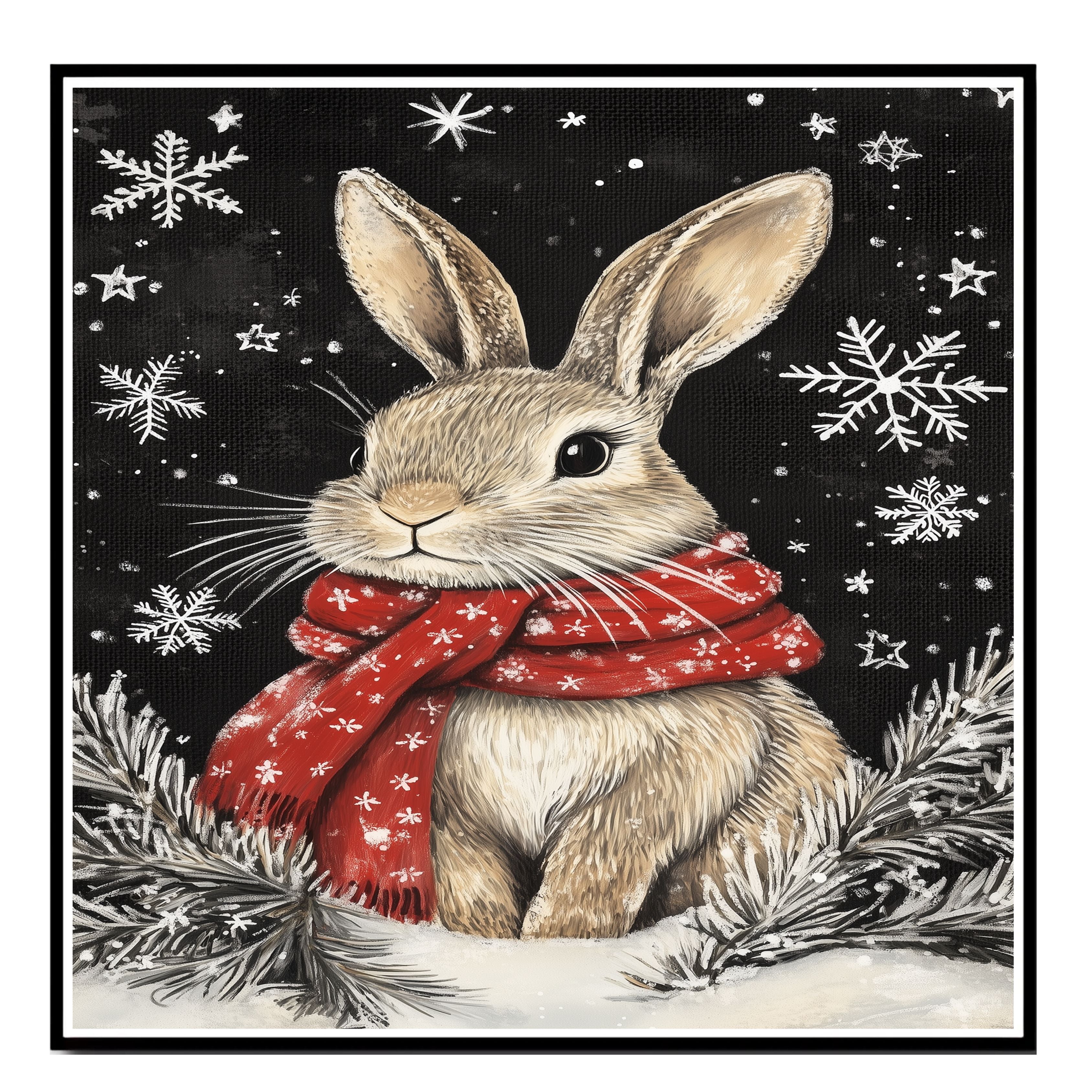 "Snowy Serenity Bunny" - Bunny in Red Scarf Sitting in Winter Snow on Ready to Hang 1.5" Thick Canvas Wrap, Floating Framed Canvas, Flat Rolled Canvas