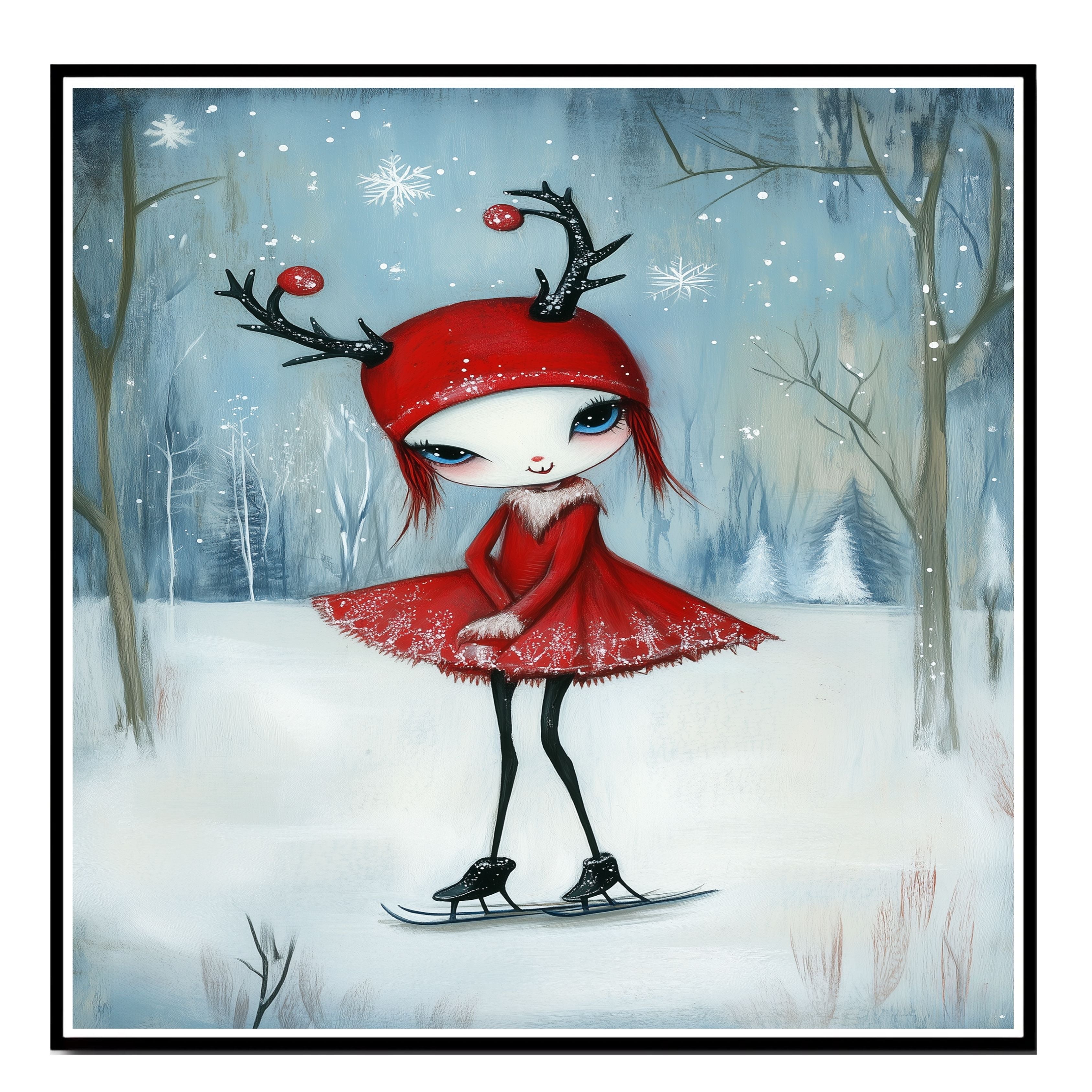 Whimsical Christmas Girl Ice Skating in Red Antler Hat and Dress Cute Fantasy Winter Art Print or Canvas for Holiday Decor and Collectors on Ready to Hang 1.5" Thick Canvas Wrap, Floating Framed Canvas, Flat Rolled Canvas