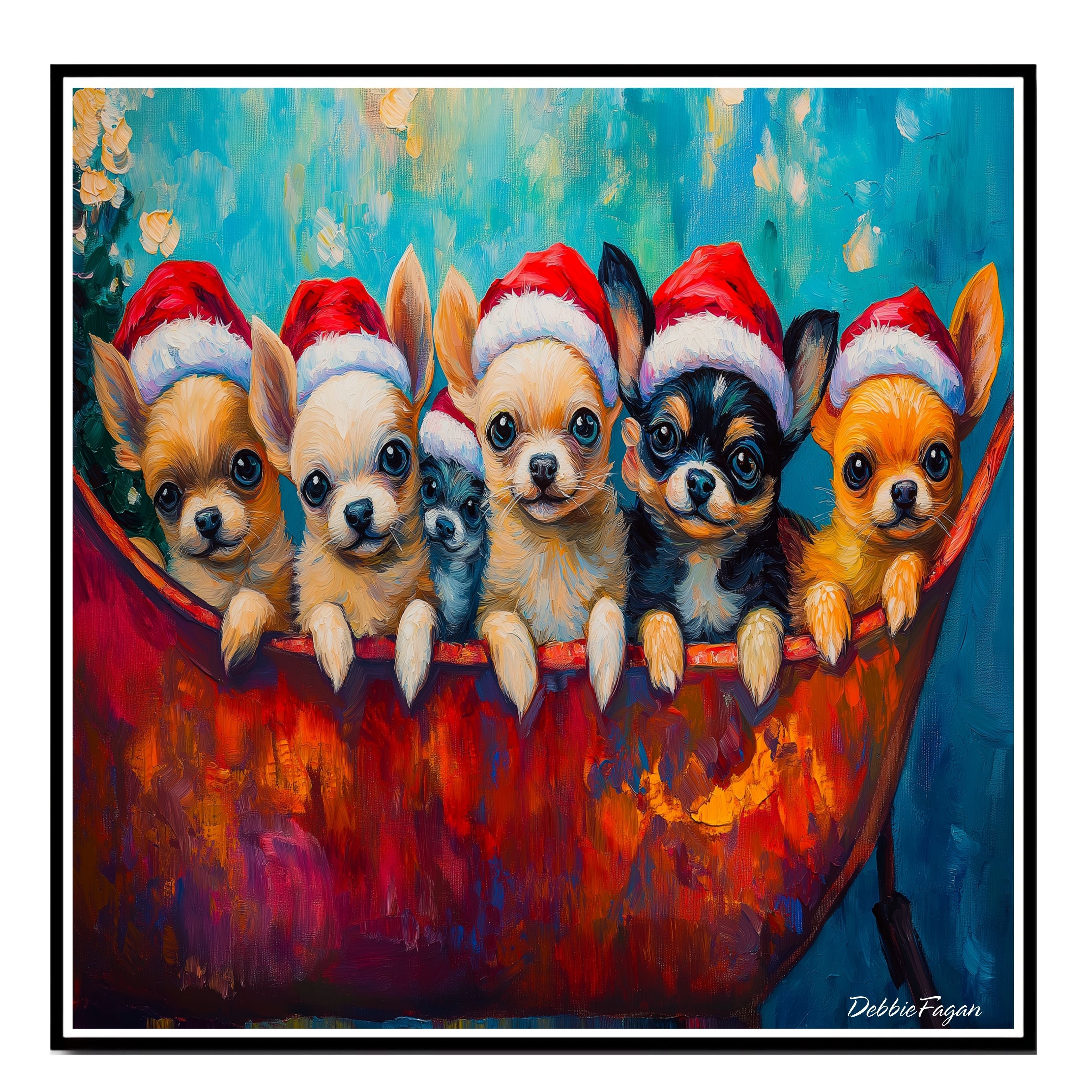 Dog Christmas Canvas  - ÒChihuahua CheerÓ - Adorable Puppies in Santa Hats on a Festive Sleigh on Ready to Hang 1.5" Thick Canvas Wrap, Floating Framed Canvas, Flat Rolled Canvas