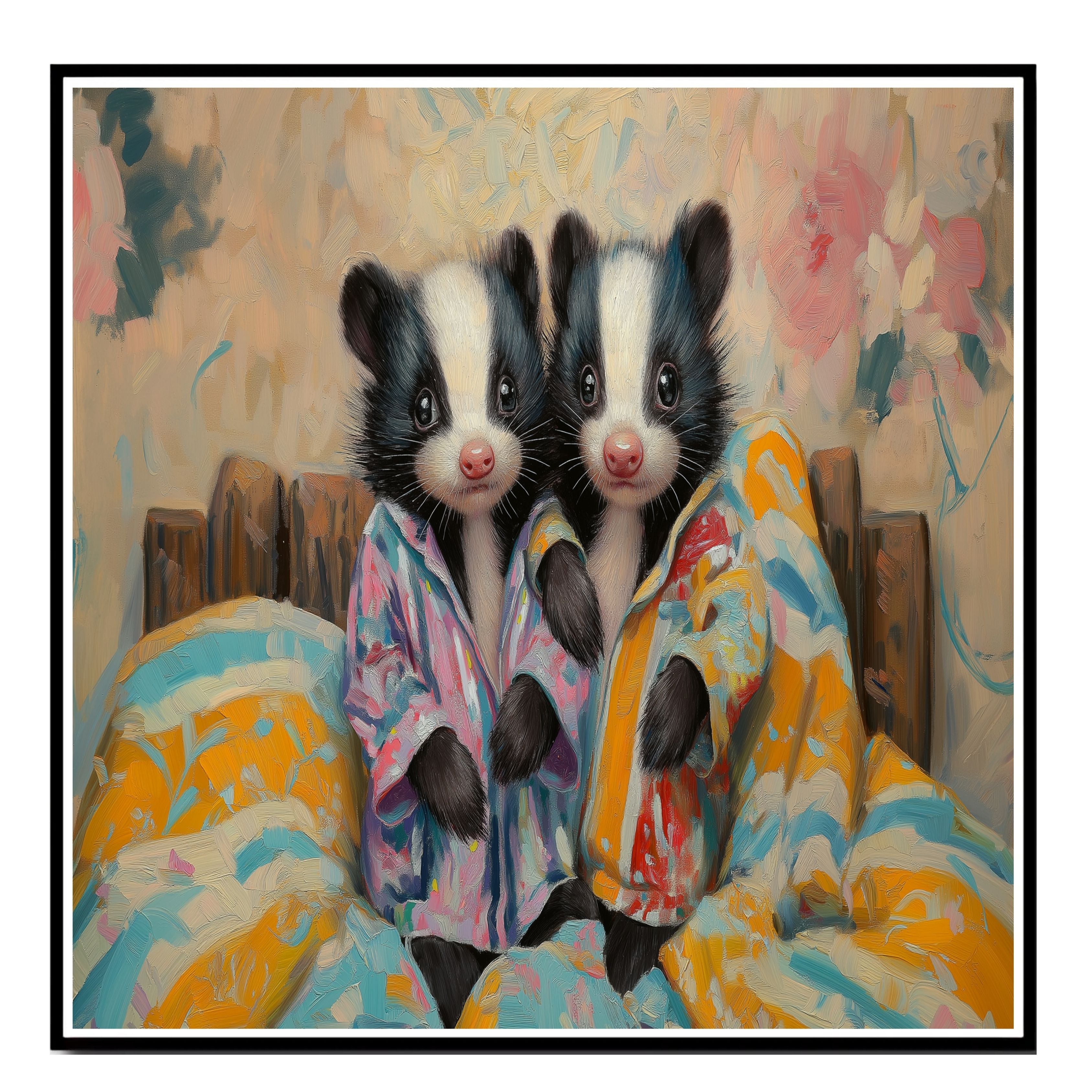 Charming Painting of Two Baby Skunks in Pajamas Sitting on a Colorful Bed with Warm Expressions and Floral Background in a Cozy Whimsical Setting on Ready to Hang 1.5" Thick Canvas Wrap, Floating Framed Canvas, Flat Rolled Canvas