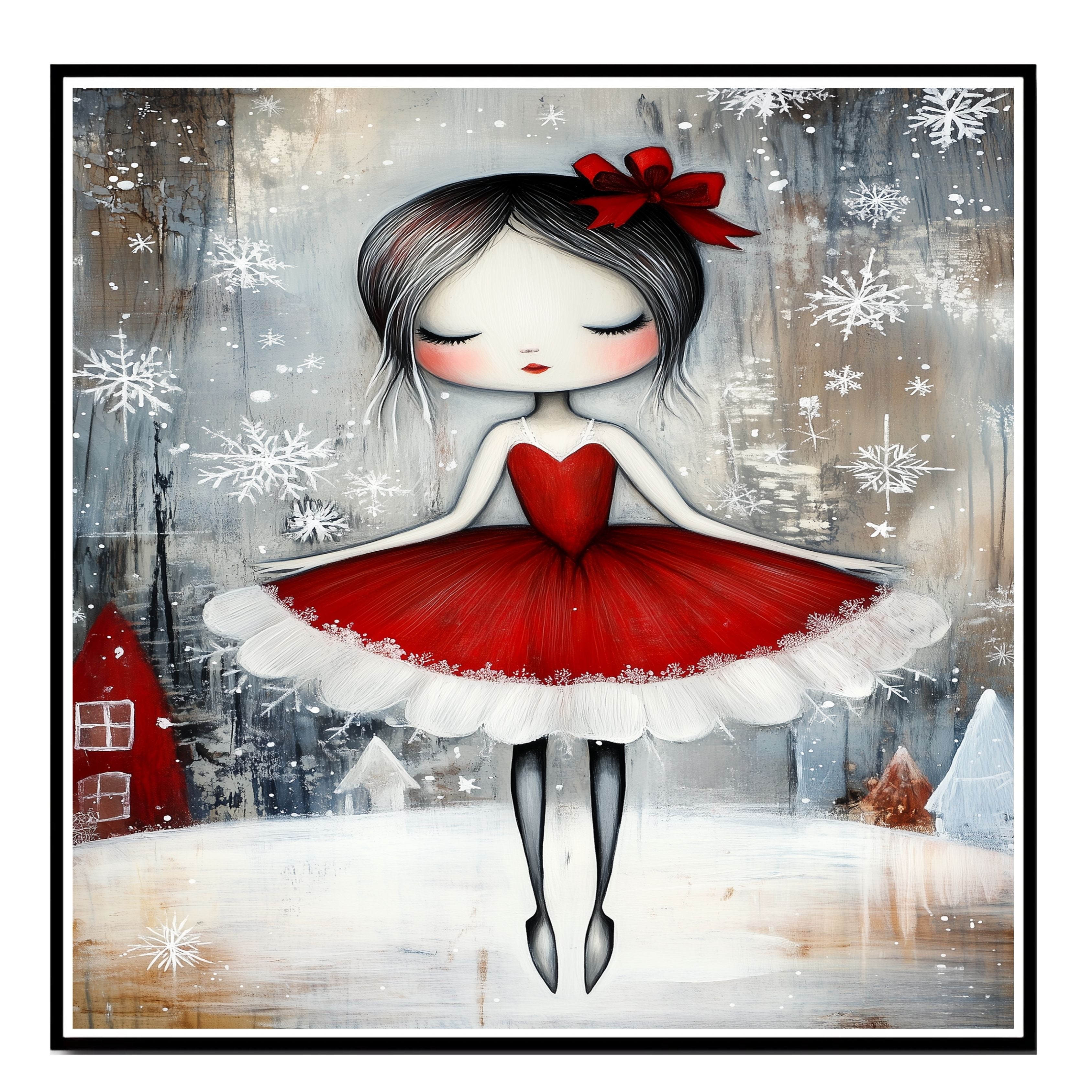 Whimsical Christmas Ballerina in Red Dress Snowy Ballet Dancer Wall Art, Winter Holiday Girl Illustration, Festive Nursery or Ballet Lover Decor Print on Ready to Hang 1.5" Thick Canvas Wrap, Floating Framed Canvas, Flat Rolled Canvas