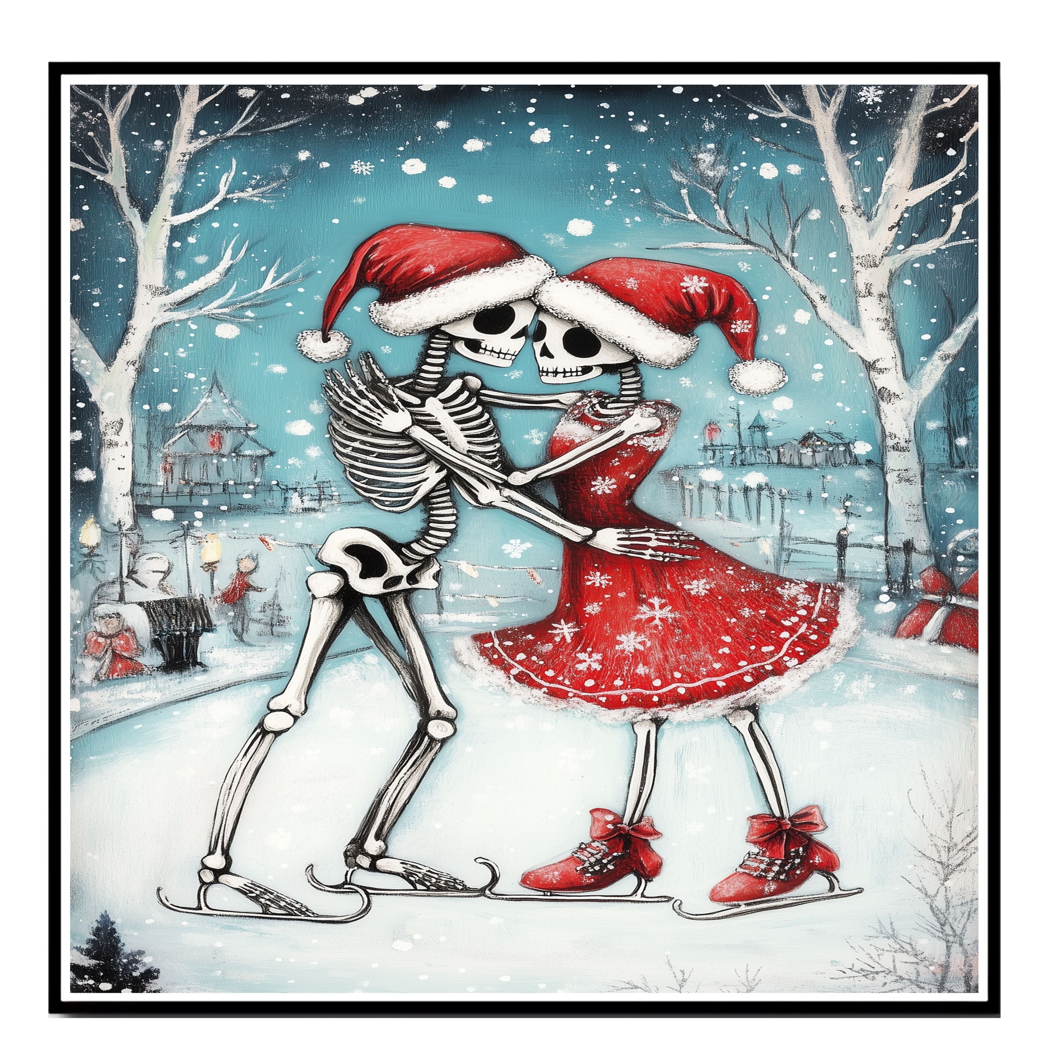 Whimsical Skeleton Couple Ice Skating Christmas Art – Gothic Holiday Romance Wall Print, Festive Skeleton Love in Red Santa Hats, Spooky Cute Winter Decor on Ready to Hang 1.5" Thick Canvas Wrap, Floating Framed Canvas, Flat Rolled Canvas