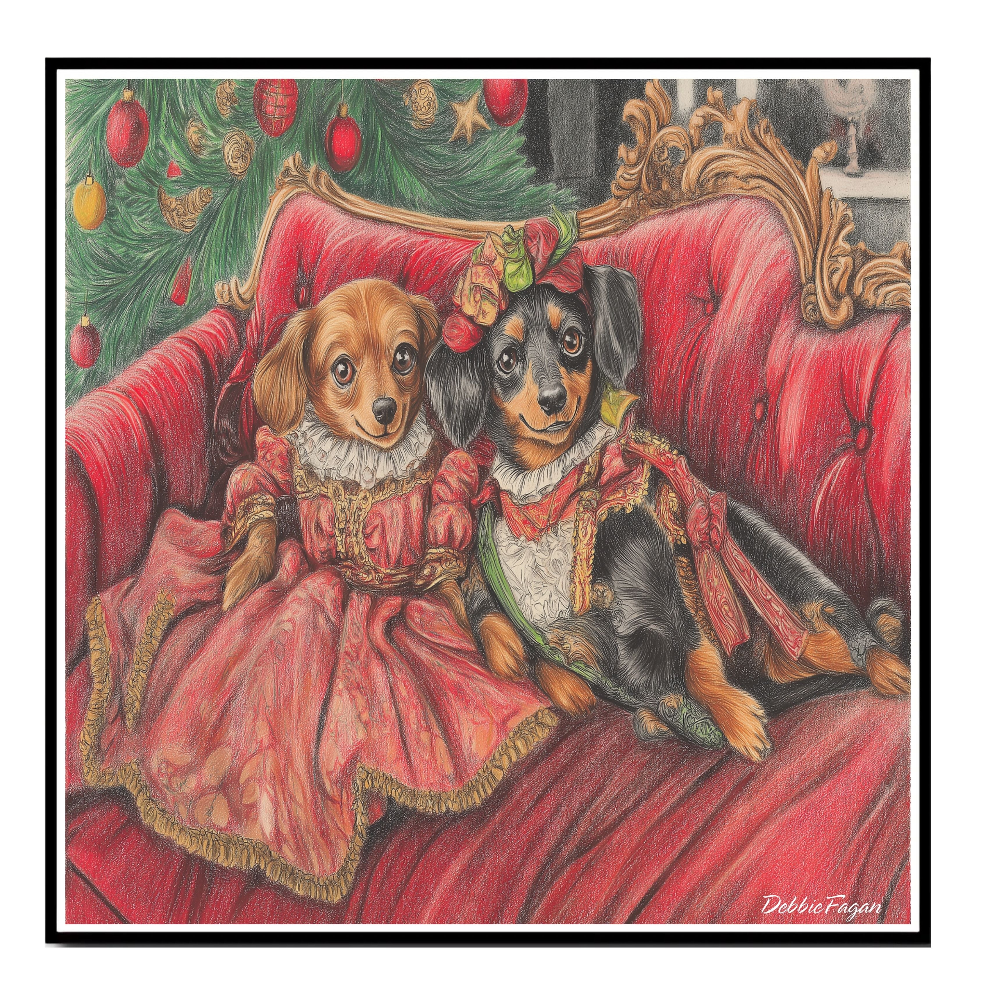 Christmas Canvas - "Stylish Doxies in Victorian Elegance" - Charming Dachshunds Dressed in Vintage Attire on Couch on Ready to Hang 1.5" Thick Canvas Wrap, Floating Framed Canvas, Flat Rolled Canvas