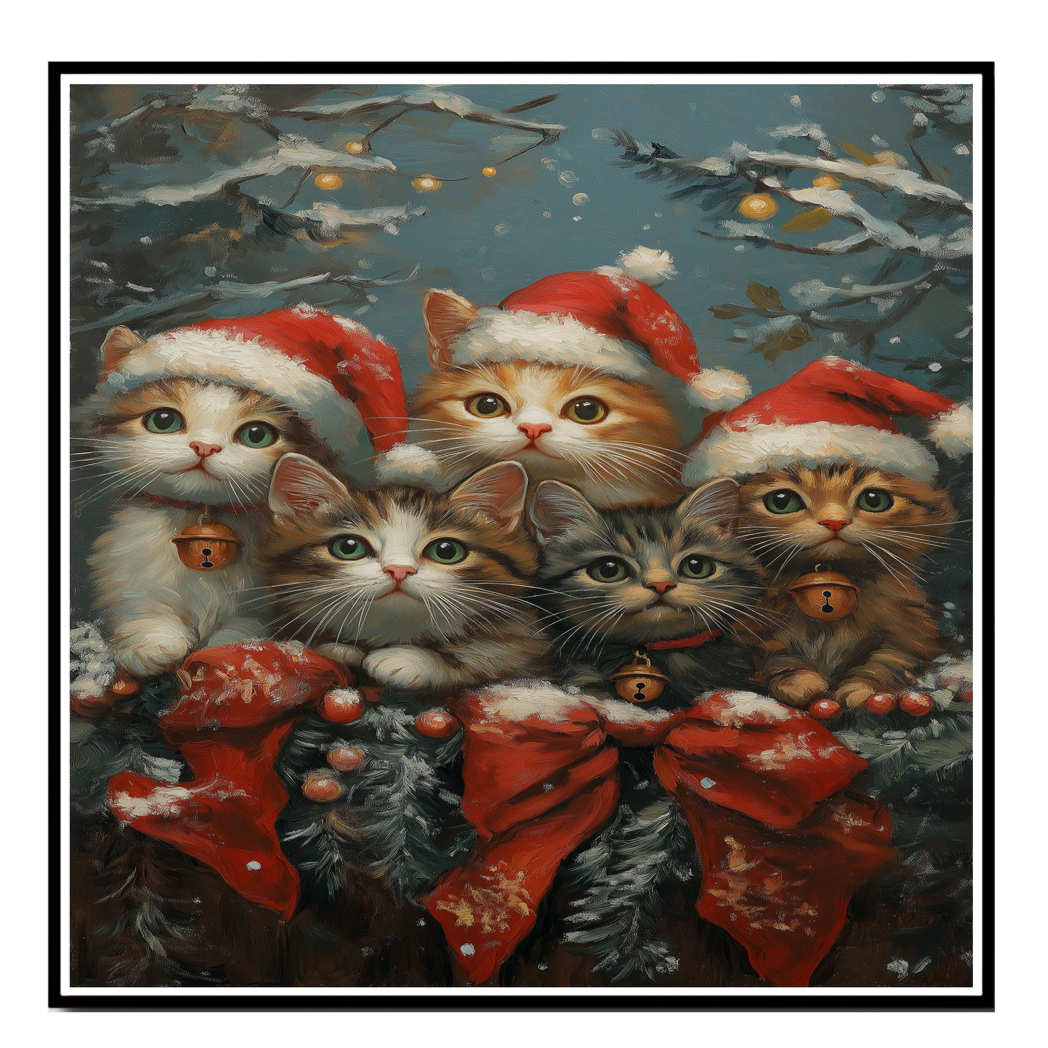 Vintage Style Painting of Five Christmas Kittens in Santa Hats with Bells and Red Bows Perfect for Holiday Decor or a Cute Seasonal Gift for Cat Lovers on Ready to Hang 1.5" Thick Canvas Wrap, Floating Framed Canvas, Flat Rolled Canvas