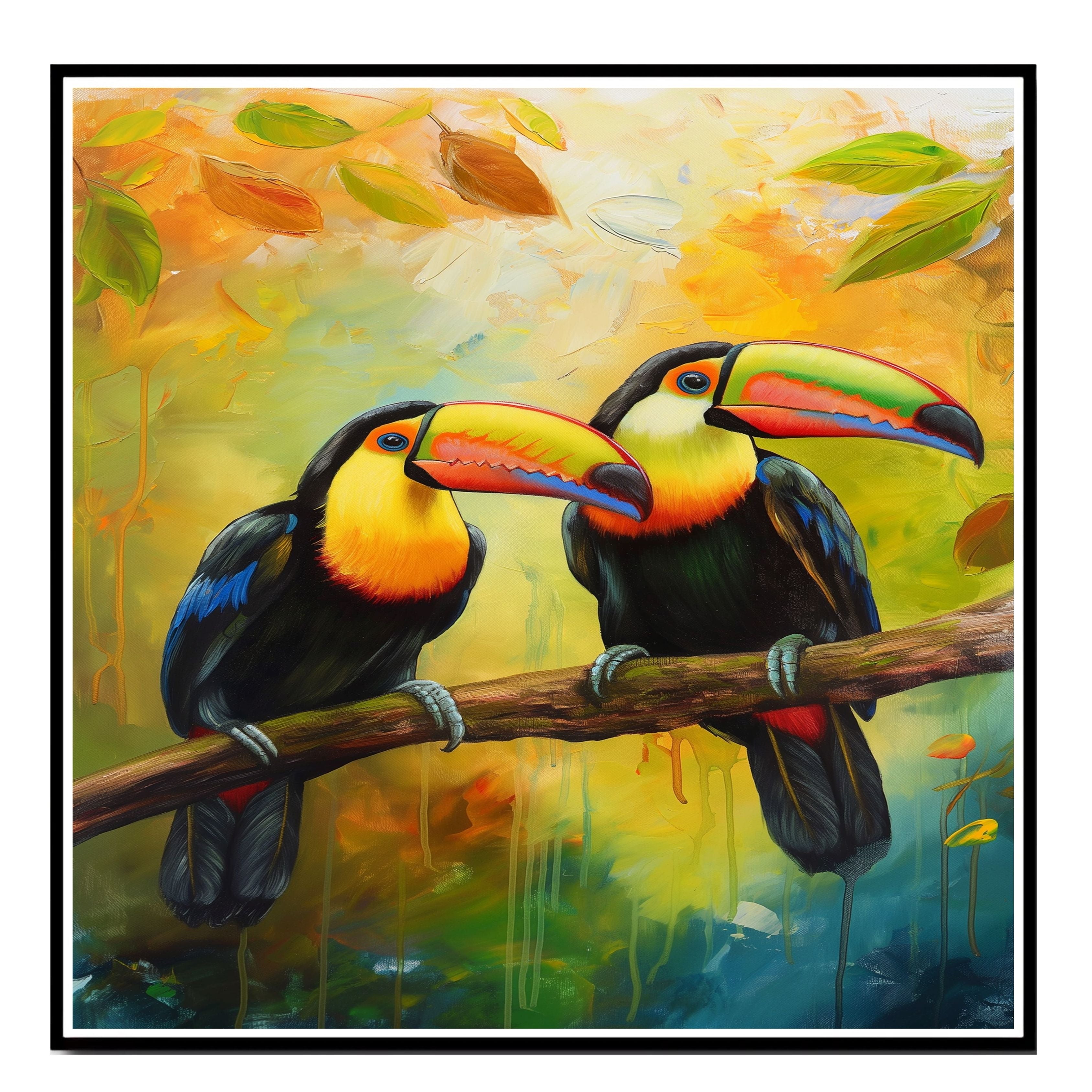 Colorful Toucan Pair with Rainbow Beaks on Tree Branch in a Tropical Setting Surrounded by Autumn Leaves and a Golden Jungle Background on Ready to Hang 1.5" Thick Canvas Wrap, Floating Framed Canvas, Flat Rolled Canvas