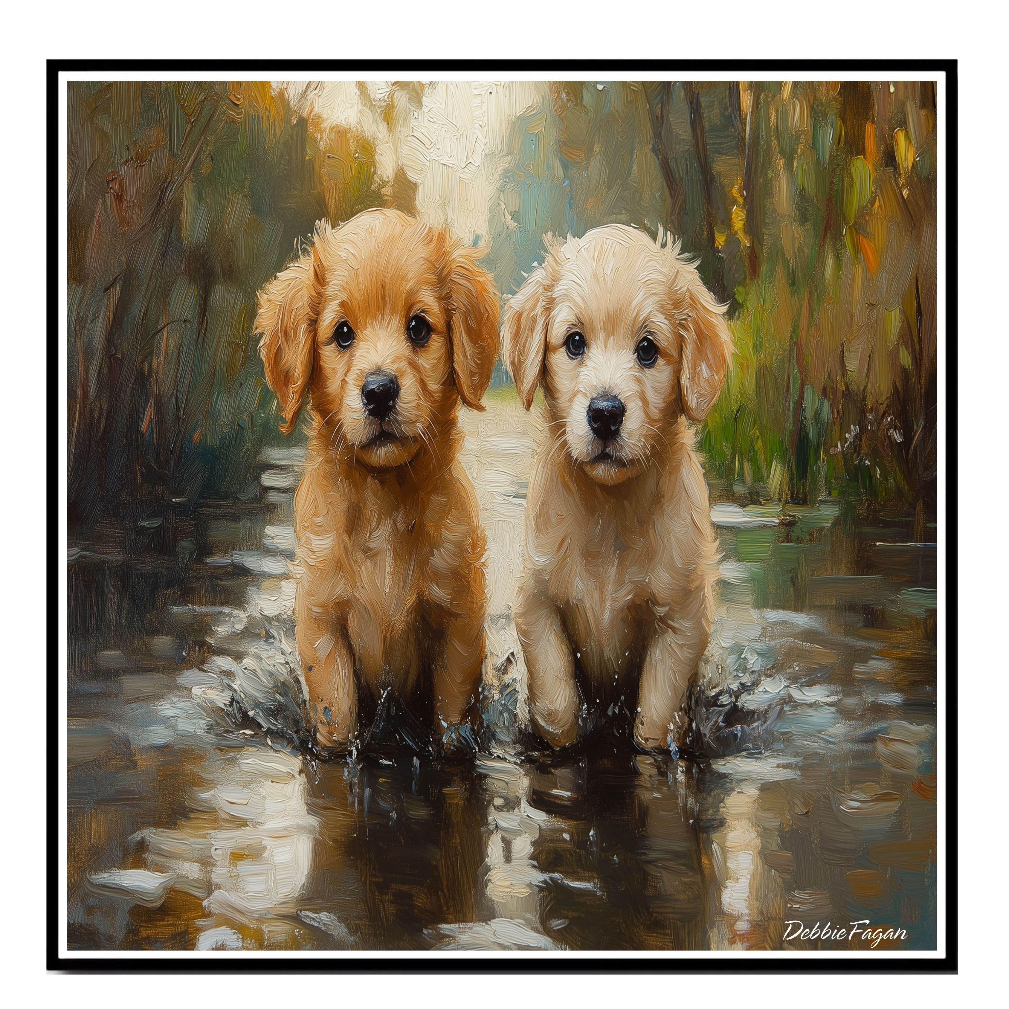 Adorable Puppies by the Pond – Impressionist Style Dog on Ready to Hang 1.5" Thick Canvas Wrap, Floating Framed Canvas, Flat Rolled Canvas