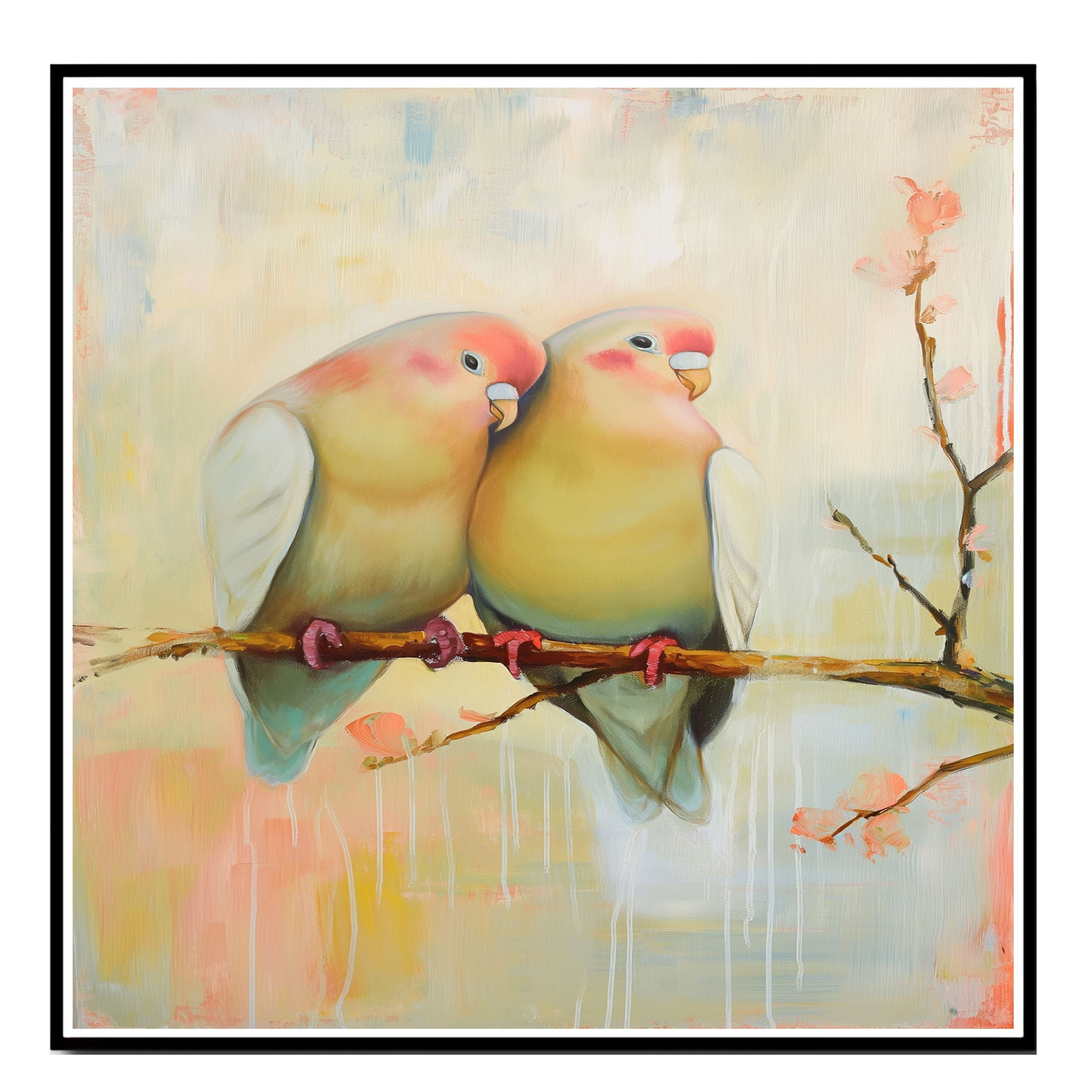 Charming Lovebirds Sitting Close on a Branch with Warm Pastel Floral Background on Ready to Hang 1.5" Thick Canvas Wrap, Floating Framed Canvas, Flat Rolled Canvas