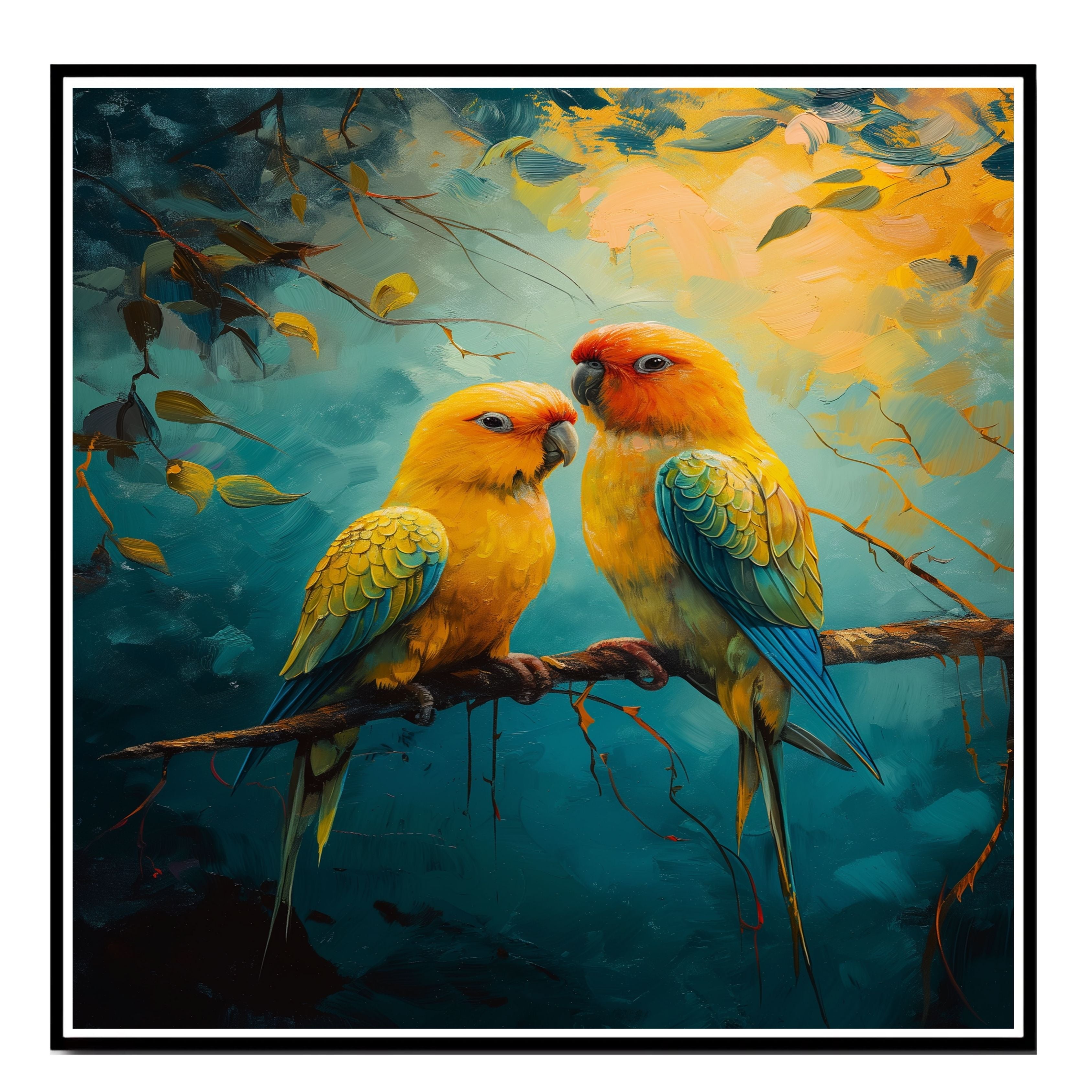 Golden Yellow Lovebirds on a Branch with Bold Jungle Background in Artistic Detail on Ready to Hang 1.5" Thick Canvas Wrap, Floating Framed Canvas, Flat Rolled Canvas