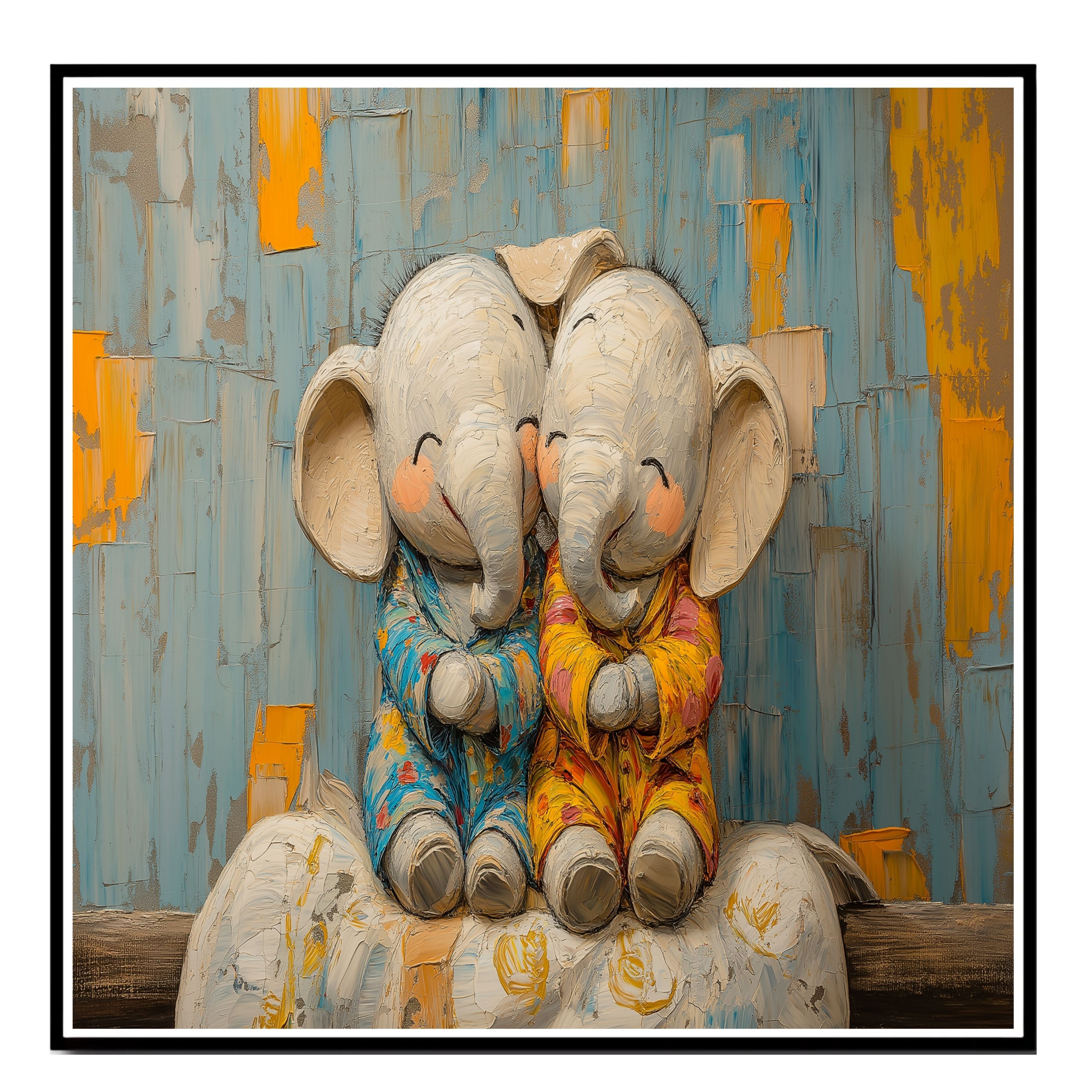 Adorable Painting of Two Baby Elephants Snuggling in Pajamas with Happy Expressions and a Colorful Textured Background in Warm Blue and Orange Tones on Ready to Hang 1.5" Thick Canvas Wrap, Floating Framed Canvas, Flat Rolled Canvas