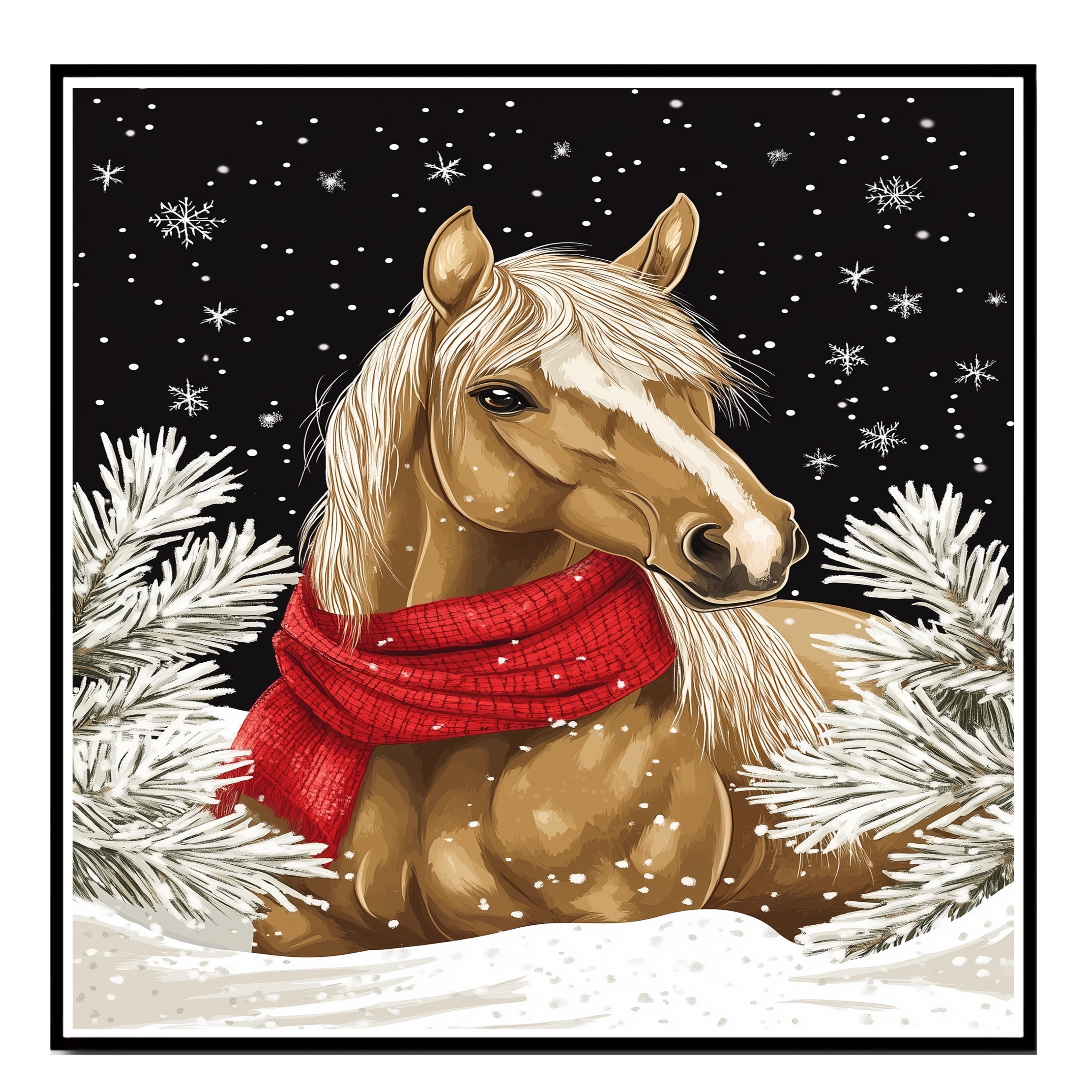 "Winter Whisper Horse" - Horse in Red Scarf in Serene Snowy Landscape on Ready to Hang 1.5" Thick Canvas Wrap, Floating Framed Canvas, Flat Rolled Canvas