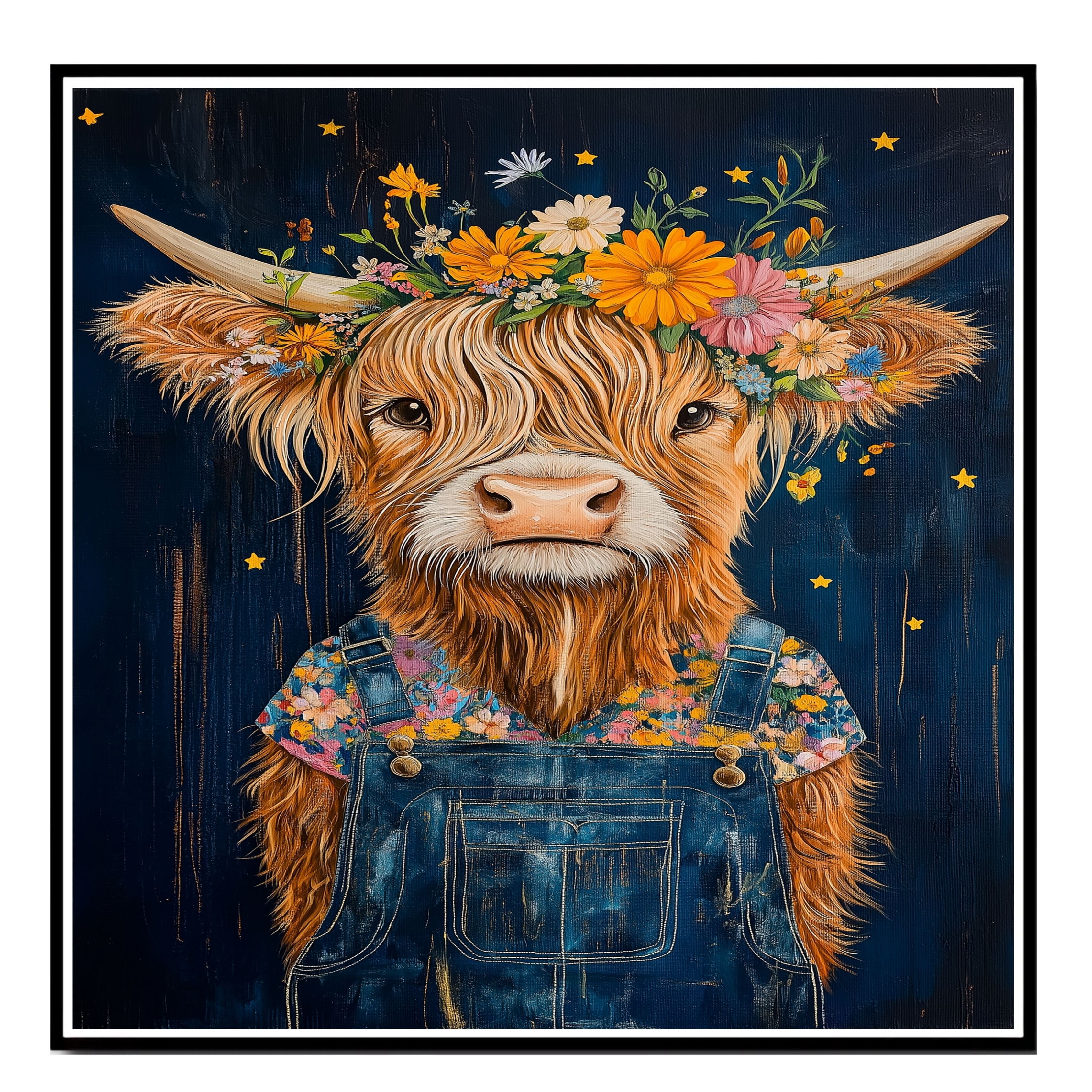 Happy Highland Cow in Overalls with Flower Crown Whimsical Hand Painted Floral Art Rustic Wall Decor for Farmhouse Kids Room Bedroom or Gift for Cow Lovers on Ready to Hang 1.5" Thick Canvas Wrap, Floating Framed Canvas, Flat Rolled Canvas