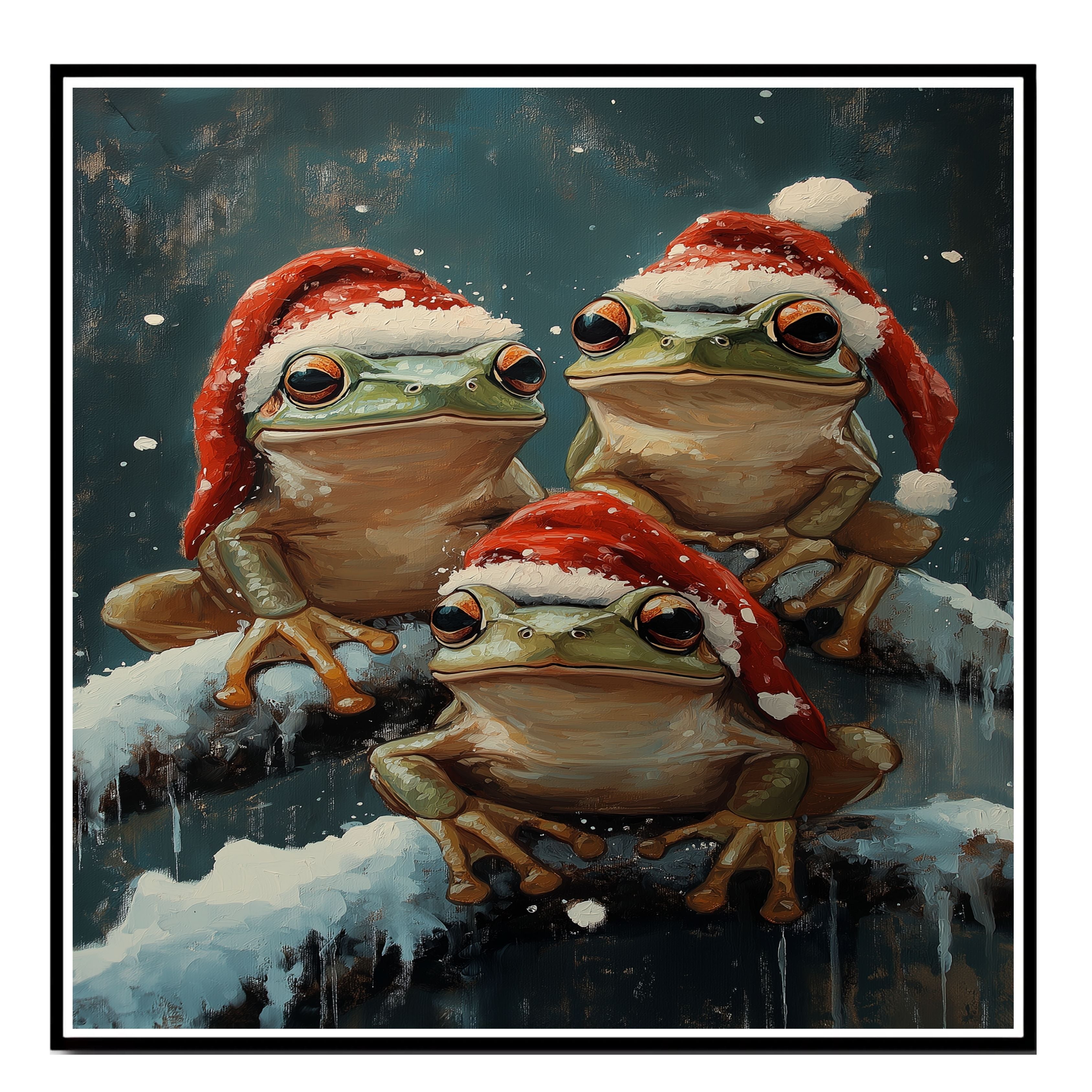 Christmas Frogs in Santa Hats Festive Tree Frogs Sitting on Snowy Branches Adorable Winter Holiday Decoration for Home Office or Christmas Gifts on Ready to Hang 1.5" Thick Canvas Wrap, Floating Framed Canvas, Flat Rolled Canvas