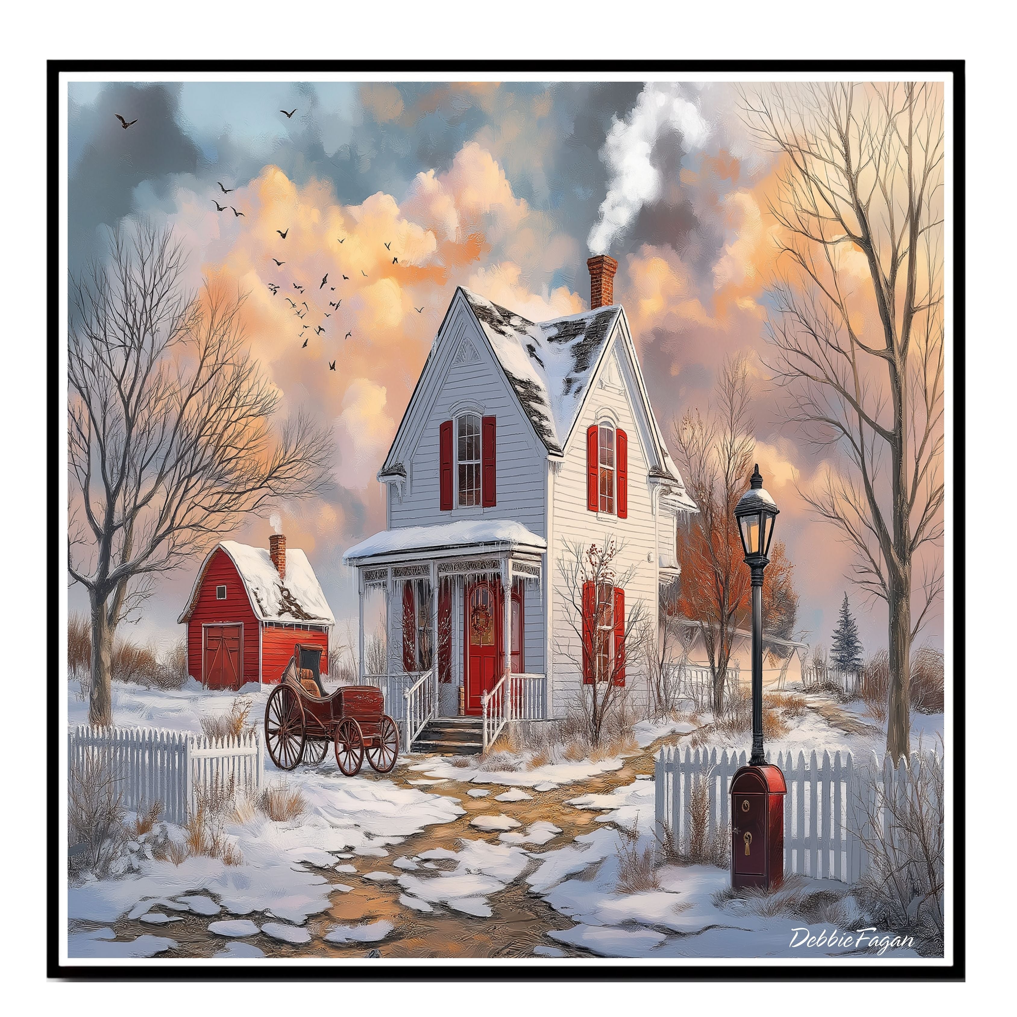 Winter White Farmhouse – Cozy Snow-Covered Country Home with Red Barn and Sleigh Wall Art Print on Ready to Hang 1.5" Thick Canvas Wrap, Floating Framed Canvas, Flat Rolled Canvas