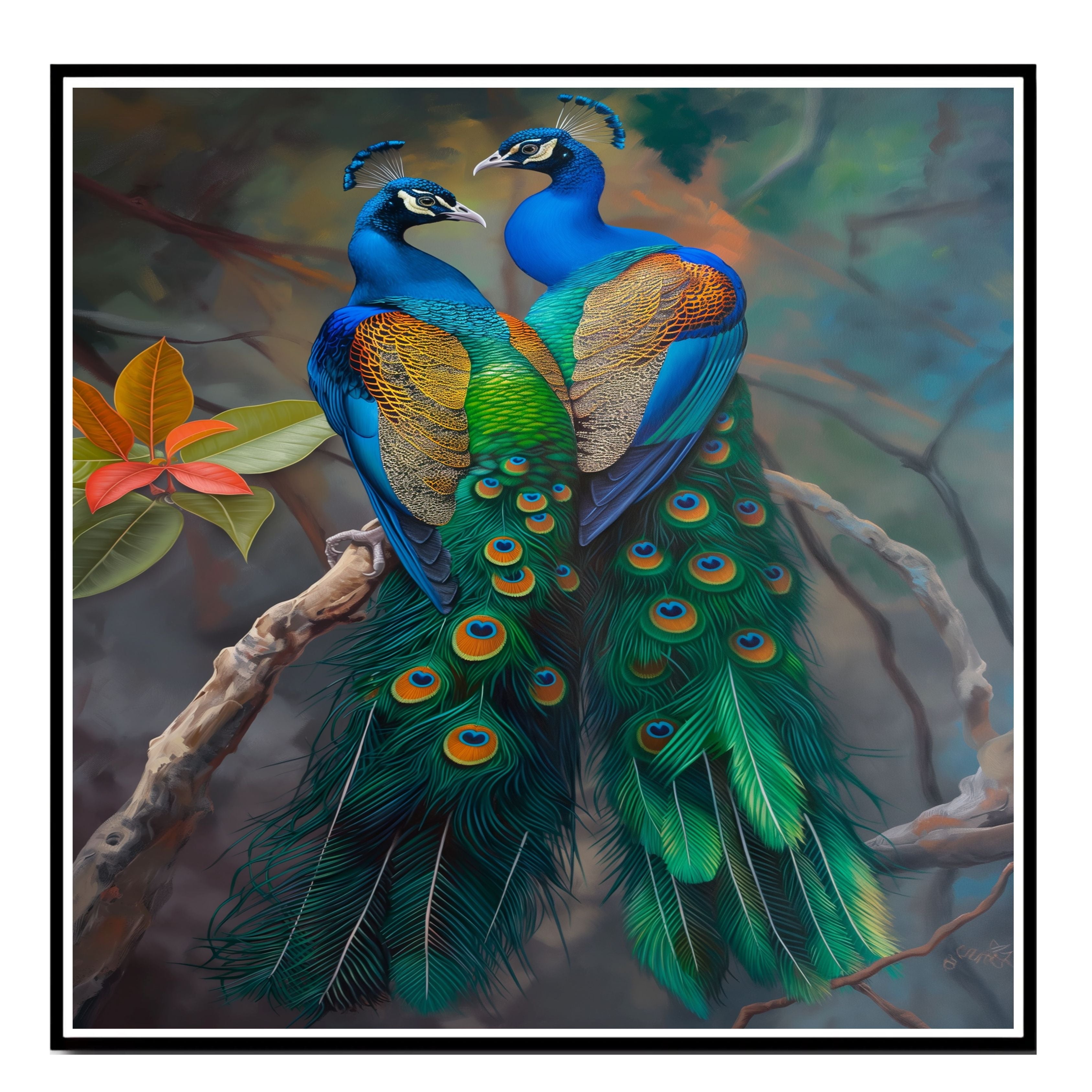 Elegant Peacock Pair Artwork Featuring Lush Green and Blue Feathers with Golden Accents Perched Gracefully Against a Soft Misty Forest Background on Ready to Hang 1.5" Thick Canvas Wrap, Floating Framed Canvas, Flat Rolled Canvas
