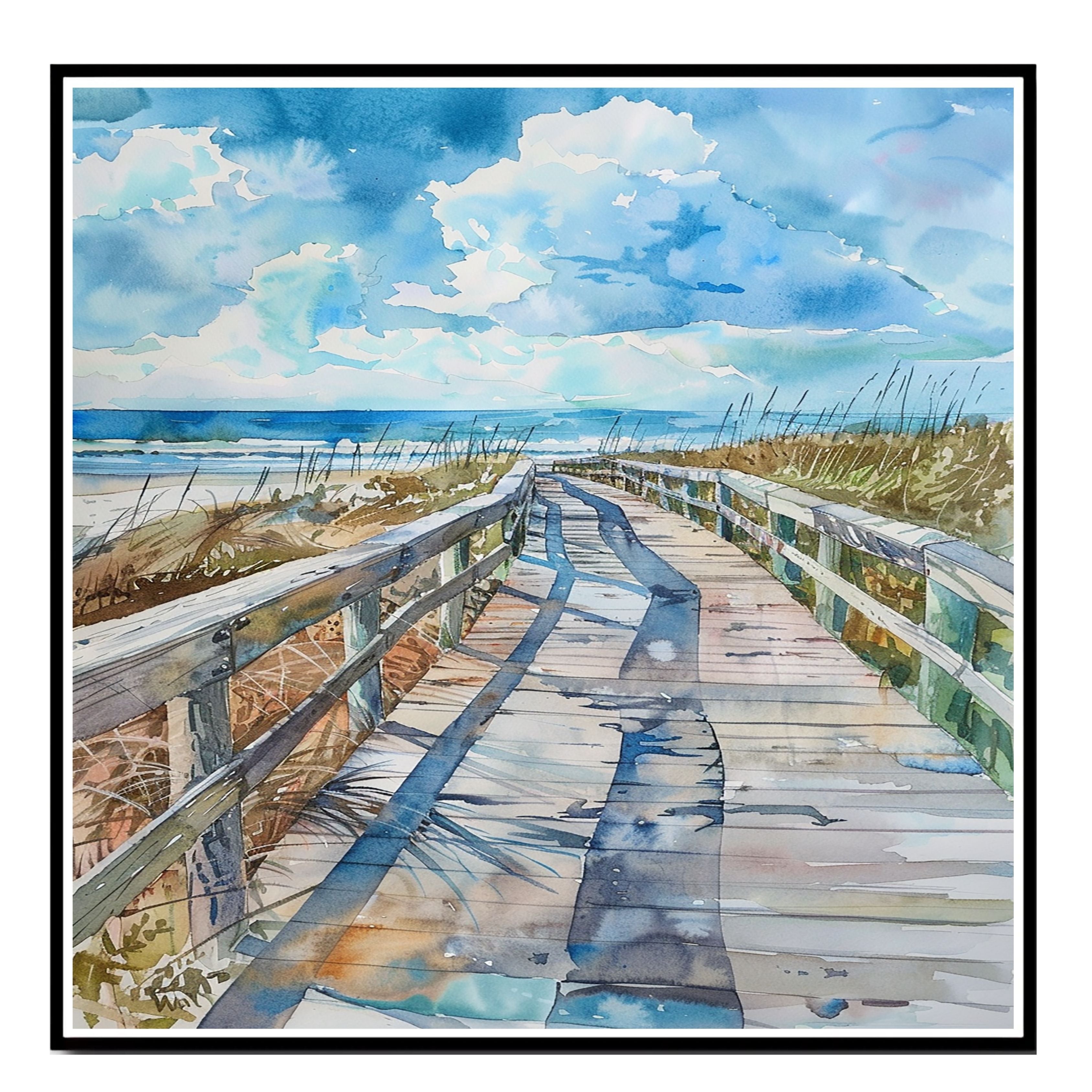 Curved Coastal Boardwalk Watercolor Painting – Beach Pathway with Ocean View and Sky on Ready to Hang 1.5" Thick Canvas Wrap, Floating Framed Canvas, Flat Rolled Canvas