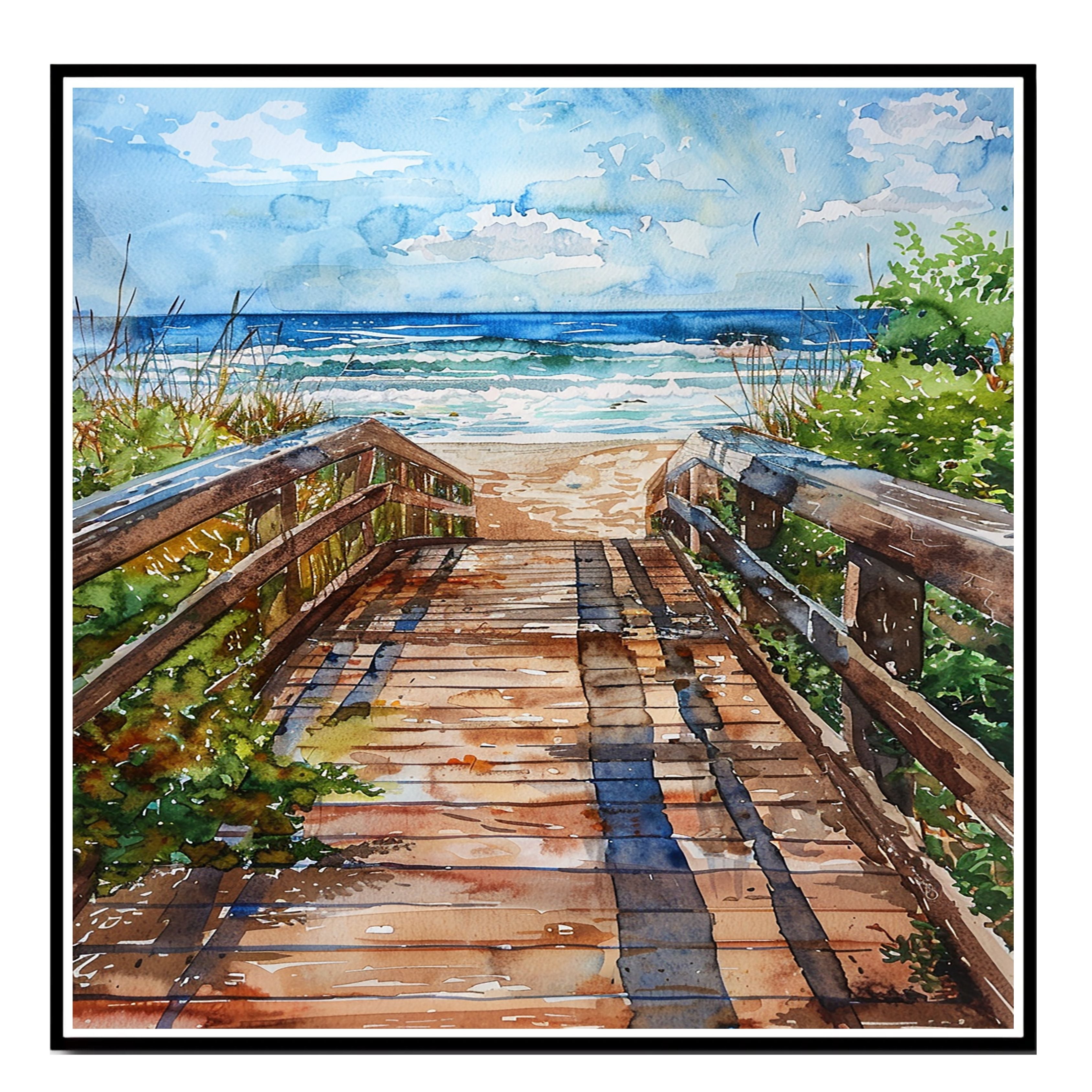 Coastal Boardwalk to Beach Watercolor Painting – Ocean Pathway Scene with Dunes, Waves, and Sky on Ready to Hang 1.5" Thick Canvas Wrap, Floating Framed Canvas, Flat Rolled Canvas