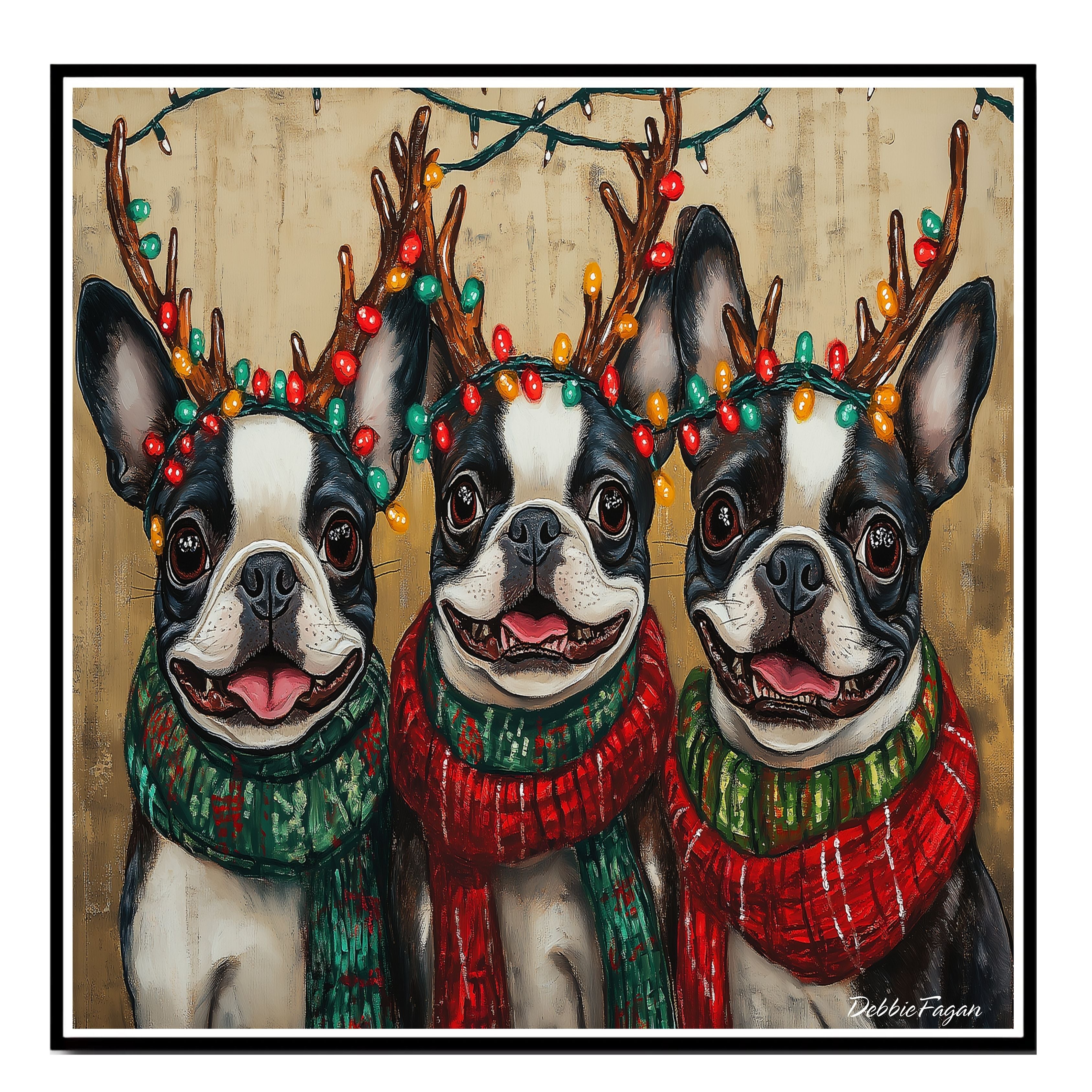 "Festive Frenchies" - Portraits of Adorable French Buldogs in Colorful Bulb Antlers & Cozy Scarves on Ready to Hang 1.5" Thick Canvas Wrap, Floating Framed Canvas, Flat Rolled Canvas