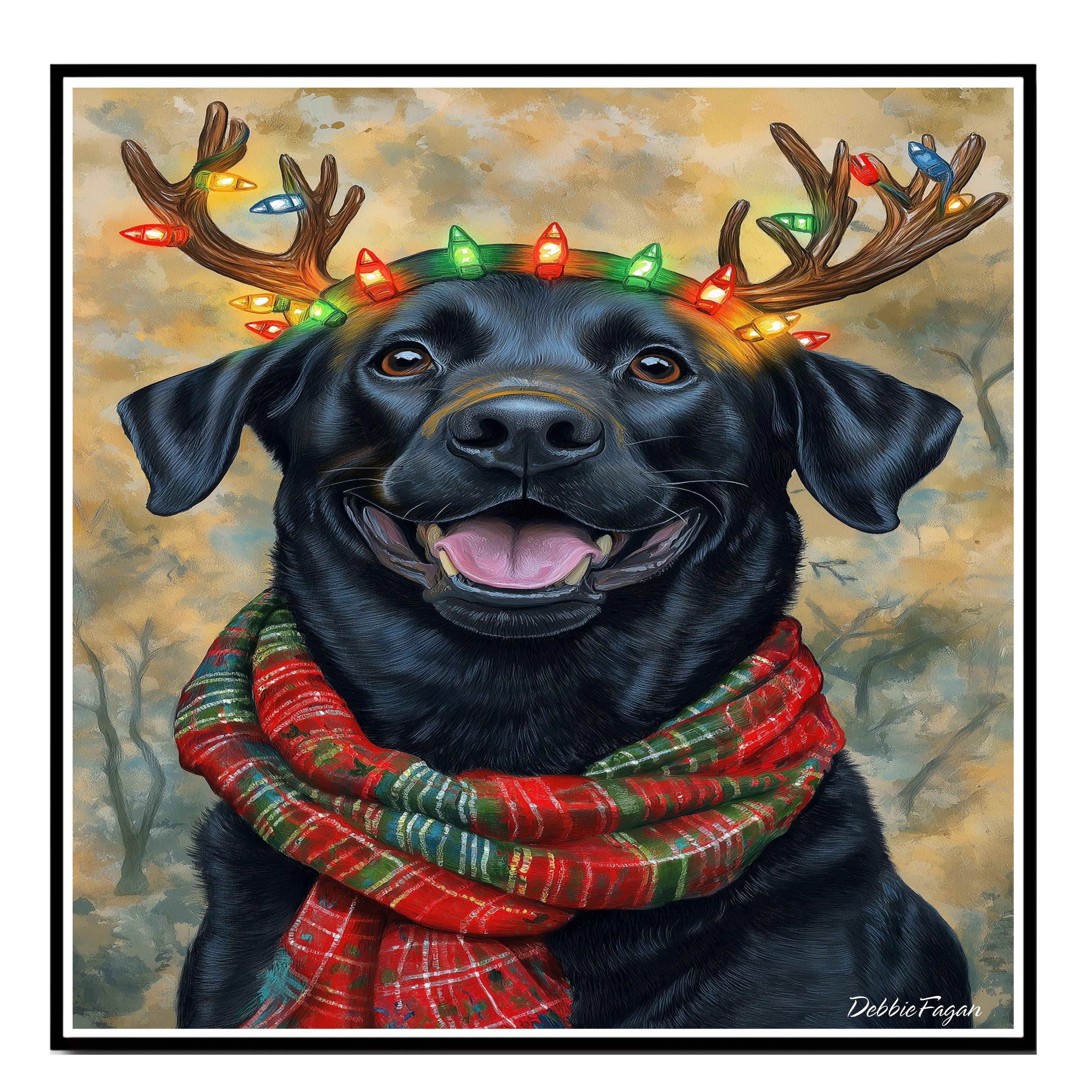 Forest Glow' - Black Labrador Dog with Lighted Antlers & Holiday Scarf in Snowy Forest, Ready to Hang 1.5" Thick Canvas Wrap, Floating Framed Canvas, Flat Rolled Canvas