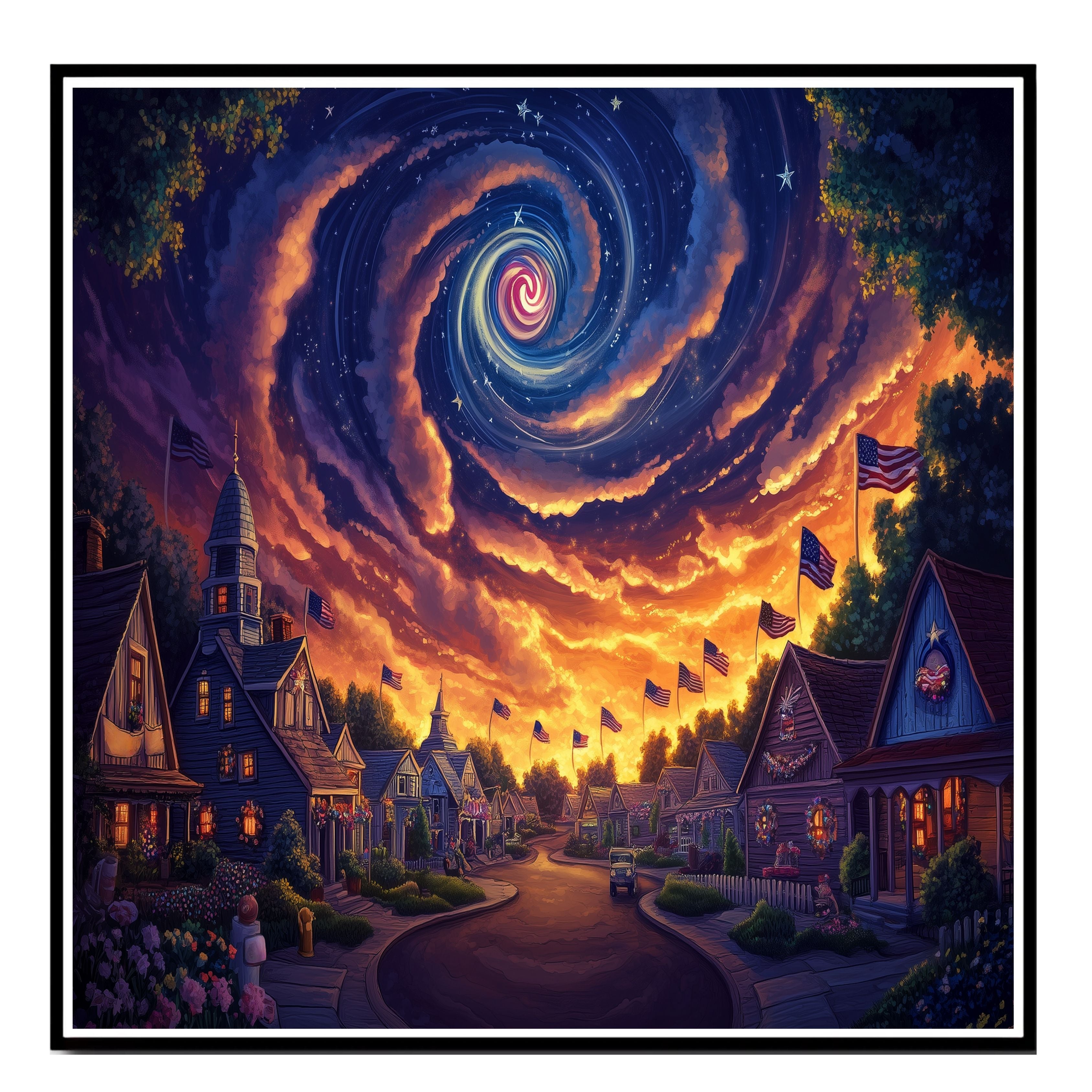Magical 4th of July Village at Sunset with American Flags and Swirling Galaxy Sky, Glowing Homes and Patriotic Charm in a Dreamy Celebration of Freedom on Ready to Hang 1.5" Thick Canvas Wrap, Floating Framed Canvas, Flat Rolled Canvas