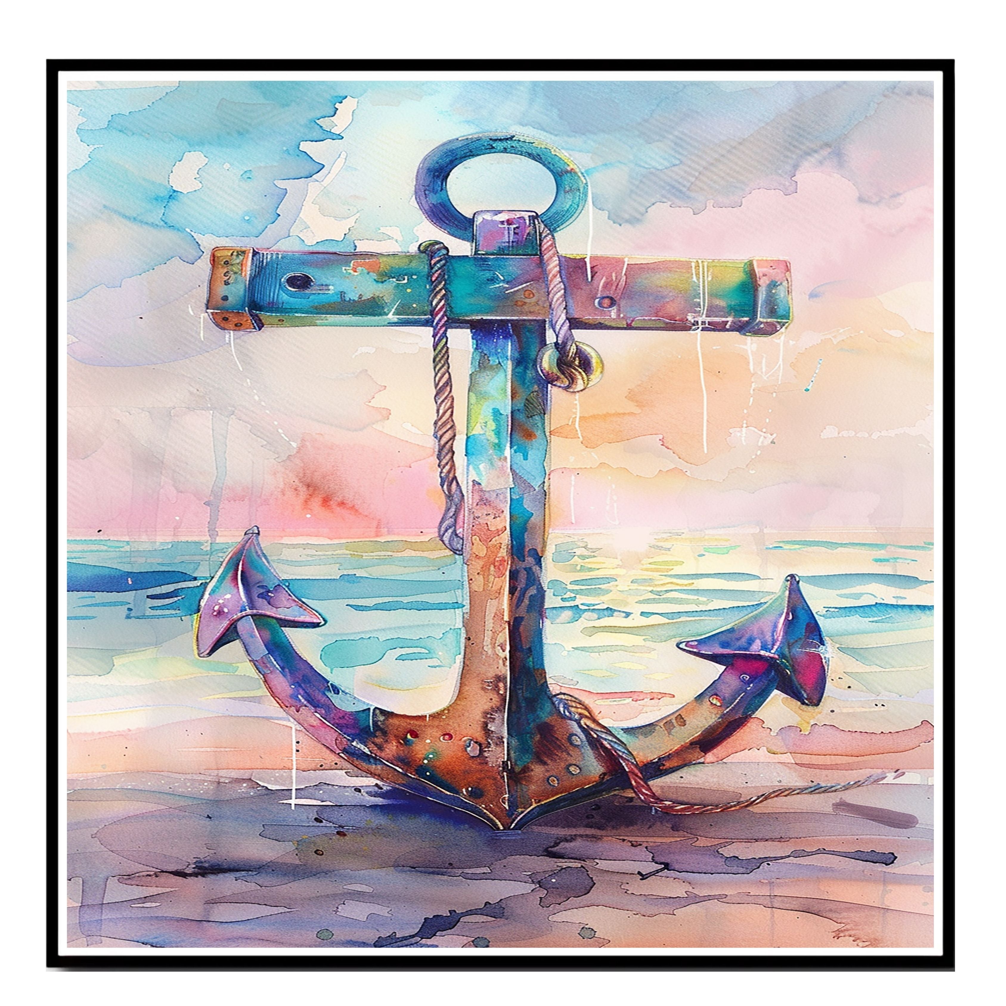 Watercolor Painting of a Multicolored Anchor on the Shore with Ocean Reflections and a Warm Sunset Coastal Sky on Ready to Hang 1.5" Thick Canvas Wrap, Floating Framed Canvas, Flat Rolled Canvas