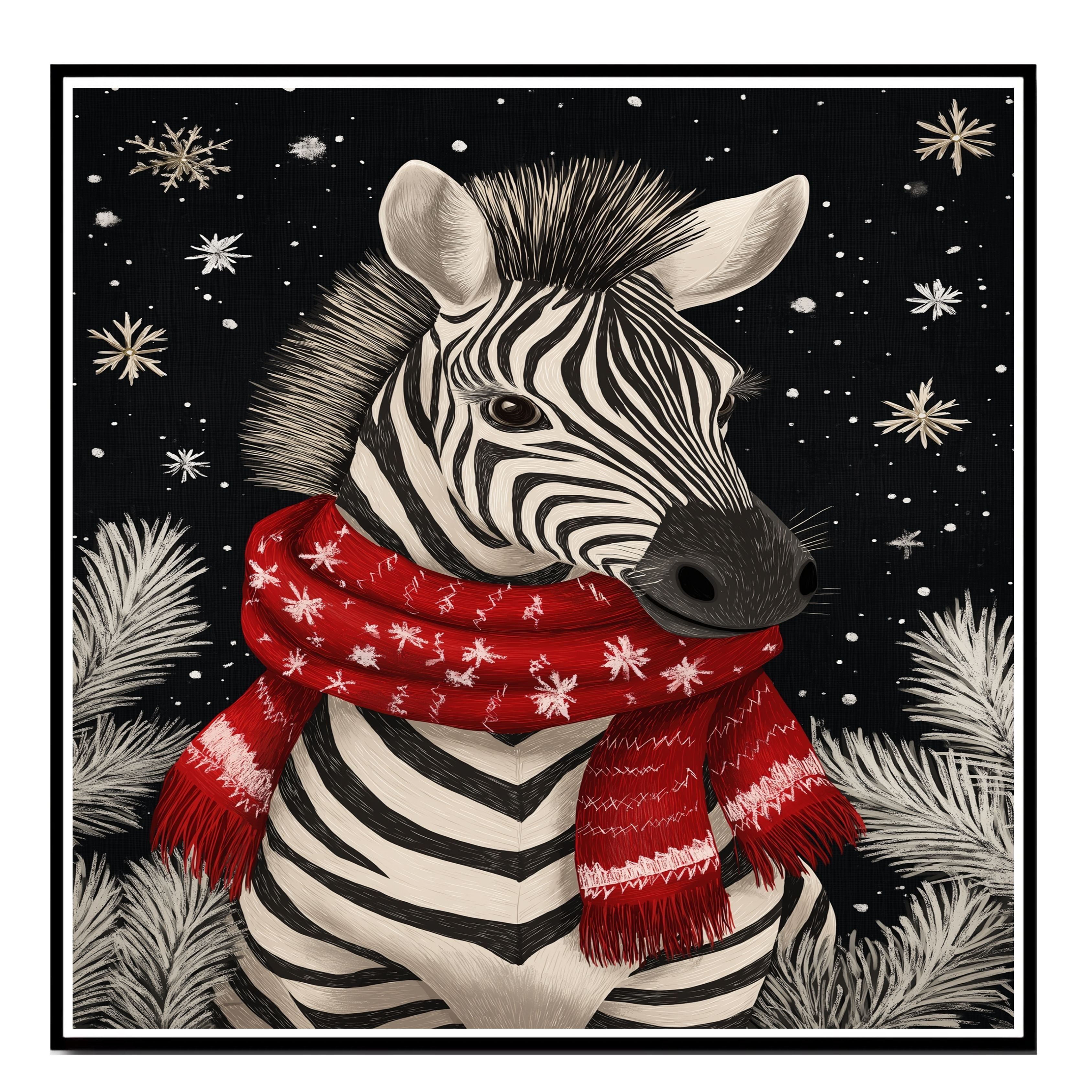 "Snowy Stripes Zebra" - Zebra in Red Scarf Standing in Winter Snow on Ready to Hang 1.5" Thick Canvas Wrap, Floating Framed Canvas, Flat Rolled Canvas