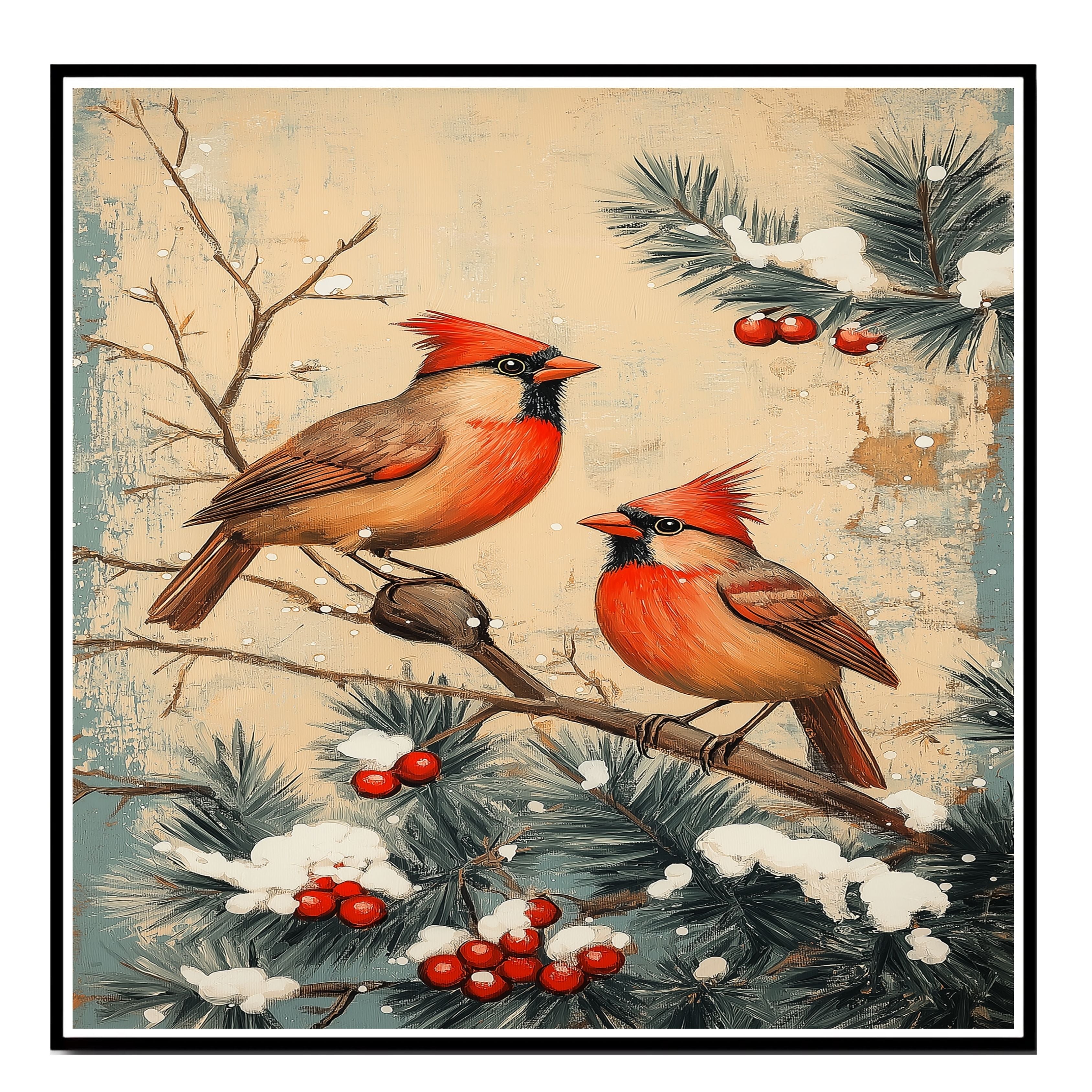 Charming Retro Style Painting of Two Cardinals on Snowy Branches with Pine and Red Berries Perfect for Christmas Decoration or Winter Nature Themed Gift on Ready to Hang 1.5" Thick Canvas Wrap, Floating Framed Canvas, Flat Rolled Canvas