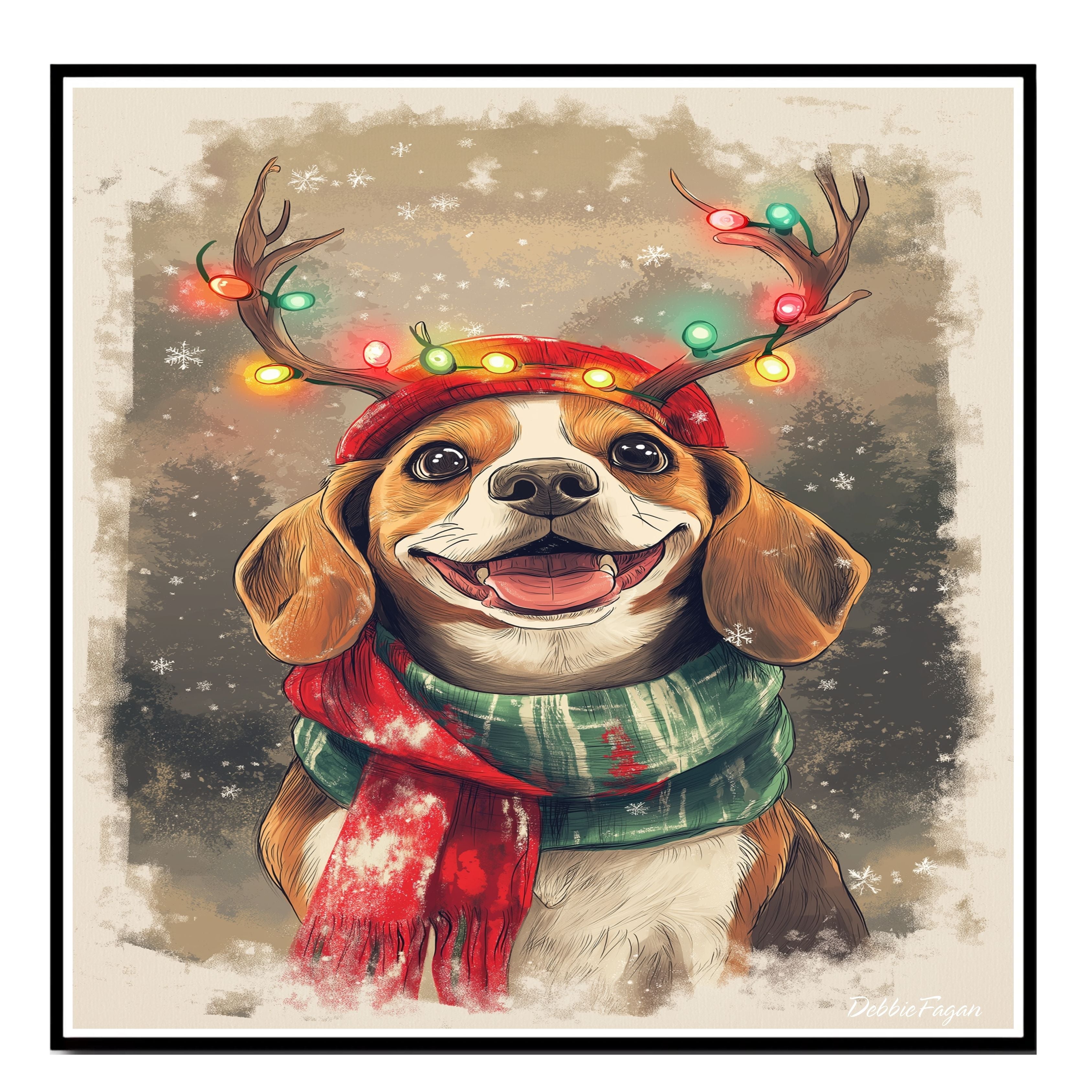 Beagle Winter Wonderland - 'Forest Festivities' - Beagle Dog with Christmas Lights & Scarf in Snowy Forest, Ready to Hang 1.5" Thick Canvas Wrap, Floating Framed Canvas, Flat Rolled Canvas