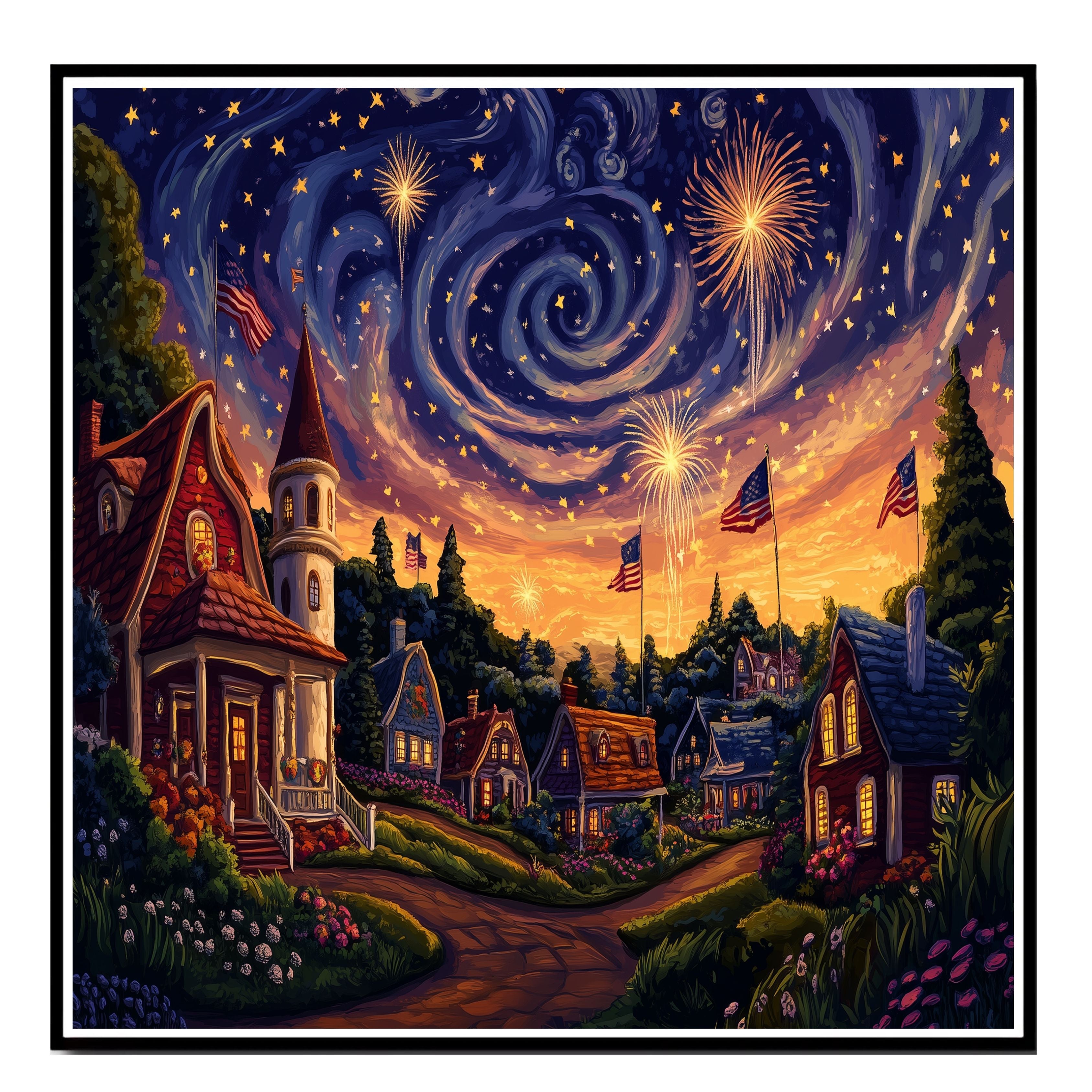 Whimsical 4th of July Village with Fireworks, American Flags, and Glowing Cottages Under a Swirling Starry Sky, Festive Celebration of Patriotism and Magic on Ready to Hang 1.5" Thick Canvas Wrap, Floating Framed Canvas, Flat Rolled Canvas