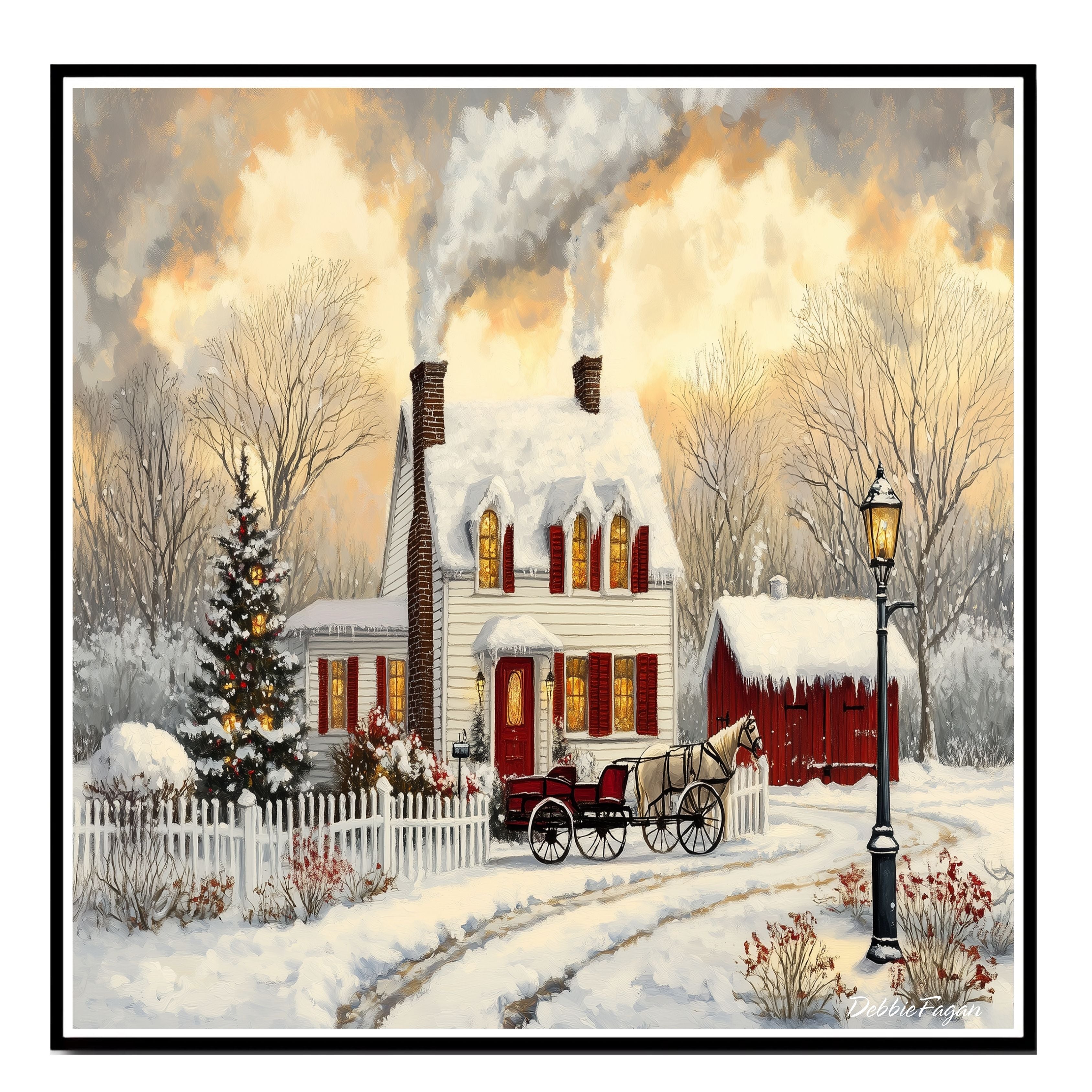 Winter Farmhouse – Cozy Snow-Covered Country Home with Red Barn, Trees and Horse Wall Art Print on Ready to Hang 1.5" Thick Canvas Wrap, Floating Framed Canvas, Flat Rolled Canvas