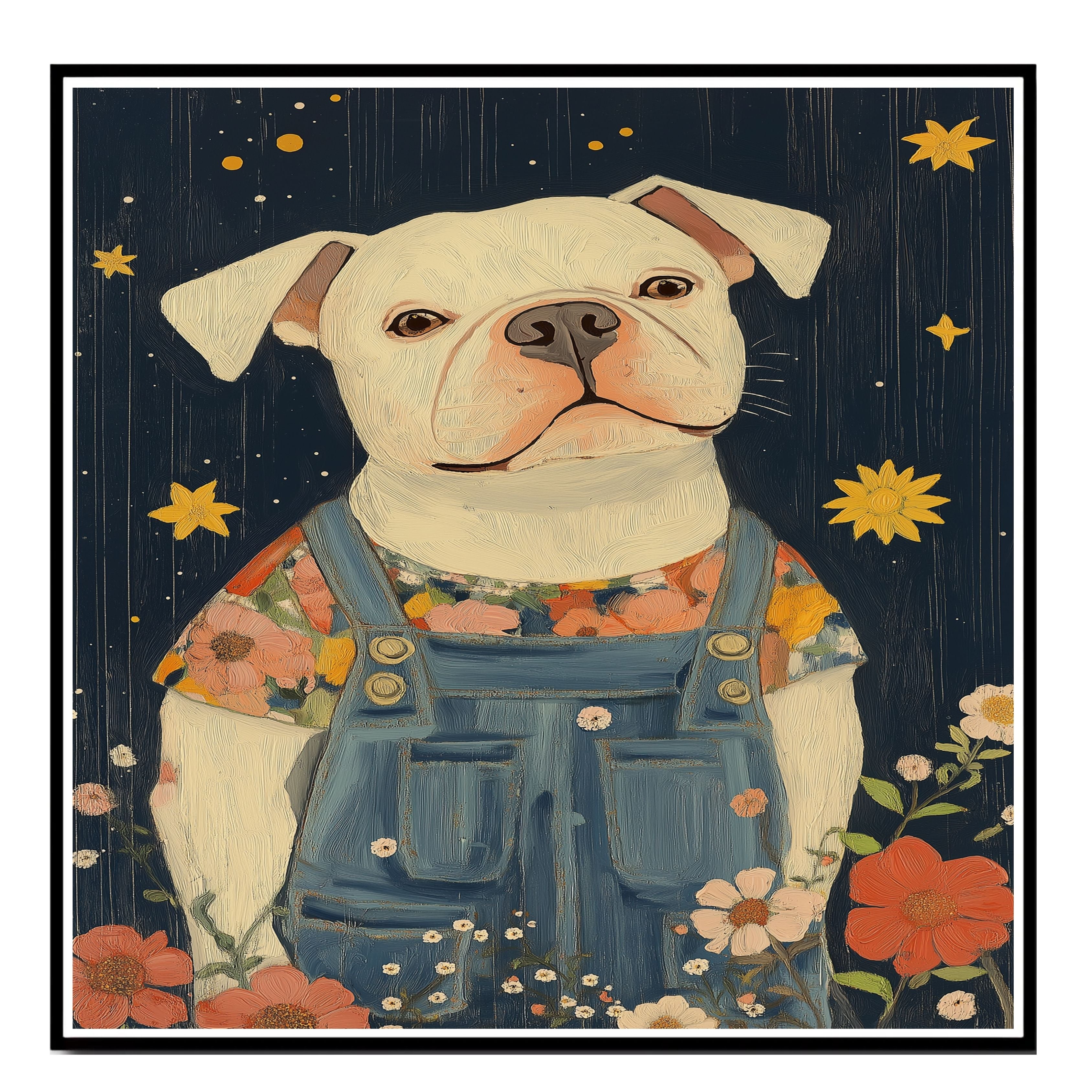 Adorable White Dog in Overalls Floral Shirt Whimsical Animal Art for Nursery Farmhouse Rustic Decor Cute Dog Lover Gift Perfect for Bedroom or Living Room on Ready to Hang 1.5" Thick Canvas Wrap, Floating Framed Canvas, Flat Rolled Canvas
