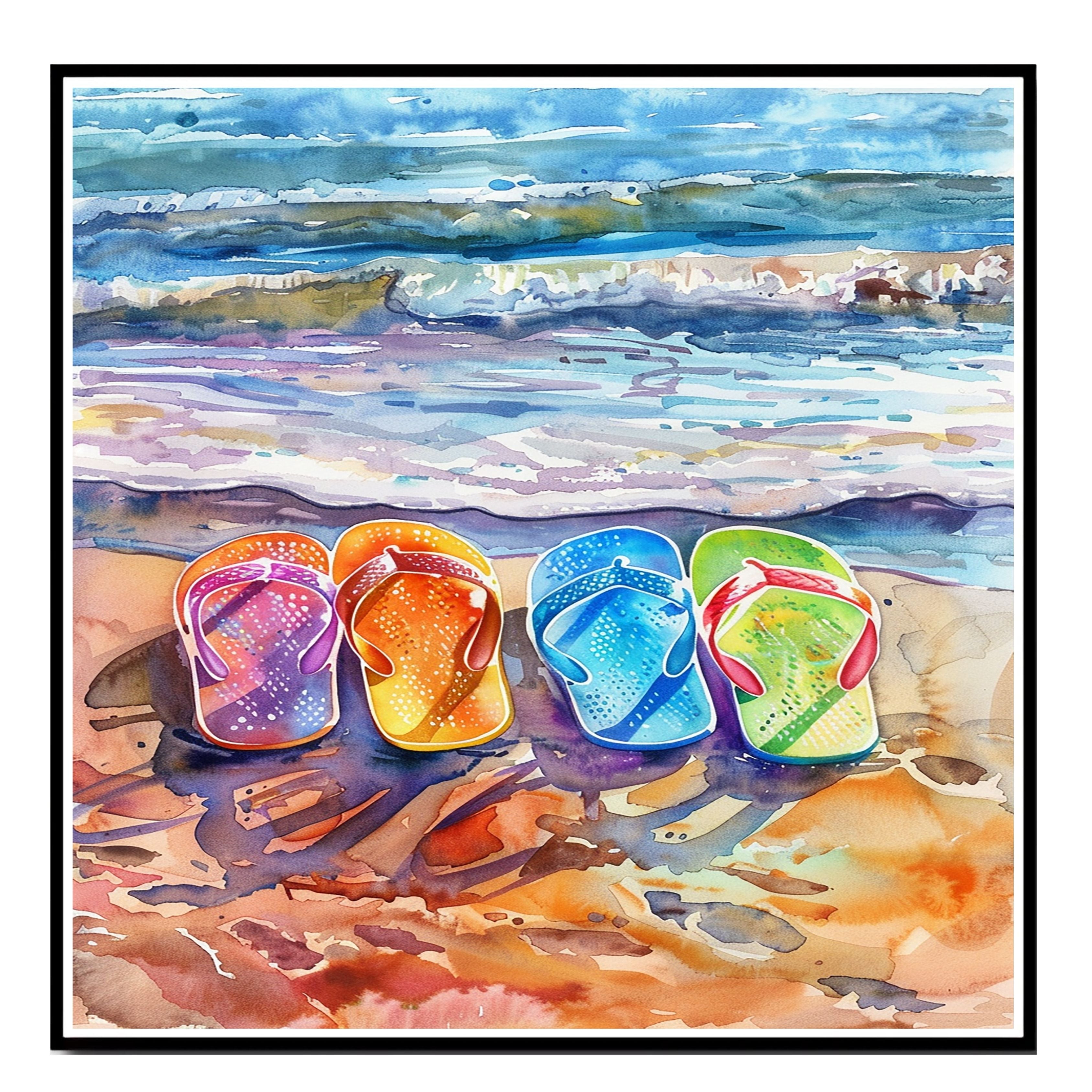 Colorful Flip Flops on a Sunset Beach with Ocean Waves and Reflections in Watercolor Coastal Summer Art on Ready to Hang 1.5" Thick Canvas Wrap, Floating Framed Canvas, Flat Rolled Canvas
