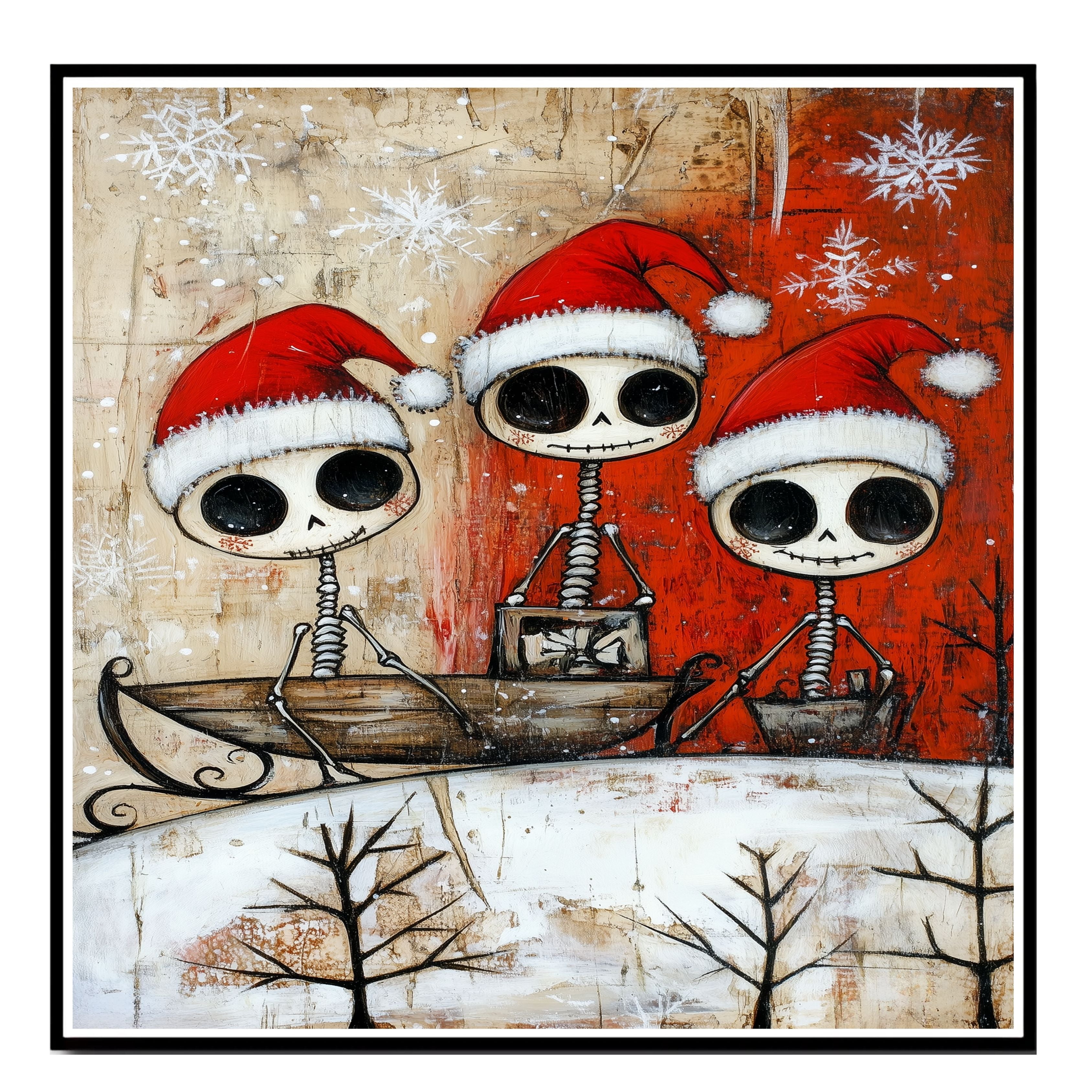Cute Skeleton Trio Sleigh Ride Christmas Art Print – Whimsical Gothic Holiday Decor with Santa Hats & Gifts, Alternative Winter Wall Art for Spooky Season Lovers on Ready to Hang 1.5" Thick Canvas Wrap, Floating Framed Canvas, Flat Rolled Canvas