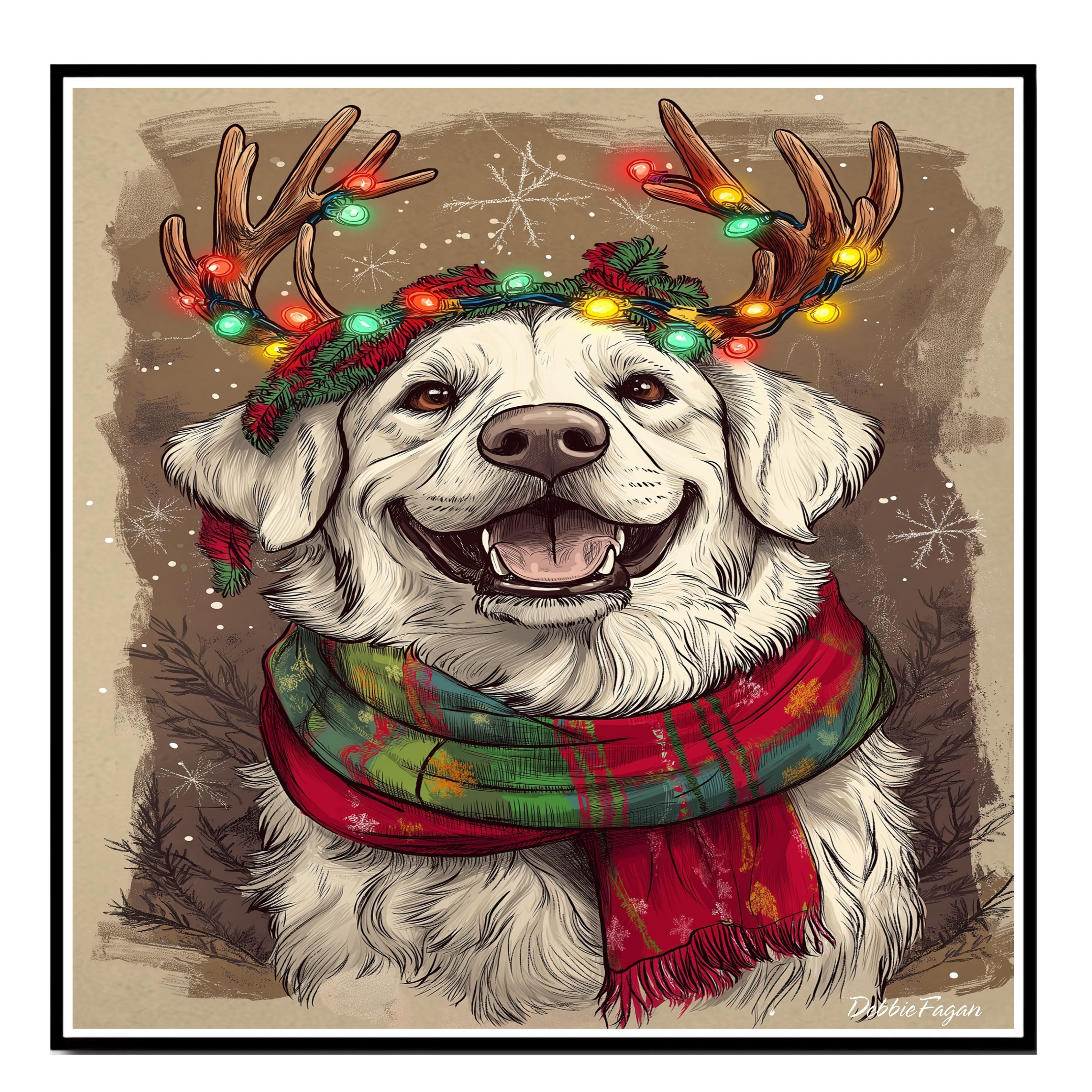 Christmas Bliss - 'Snowy Sparkles' - Dog with Lit Antlers & Festive Scarf on Rustic Canvas, Ready to Hang 1.5" Thick Canvas Wrap, Floating Framed Canvas, Flat Rolled Canvas