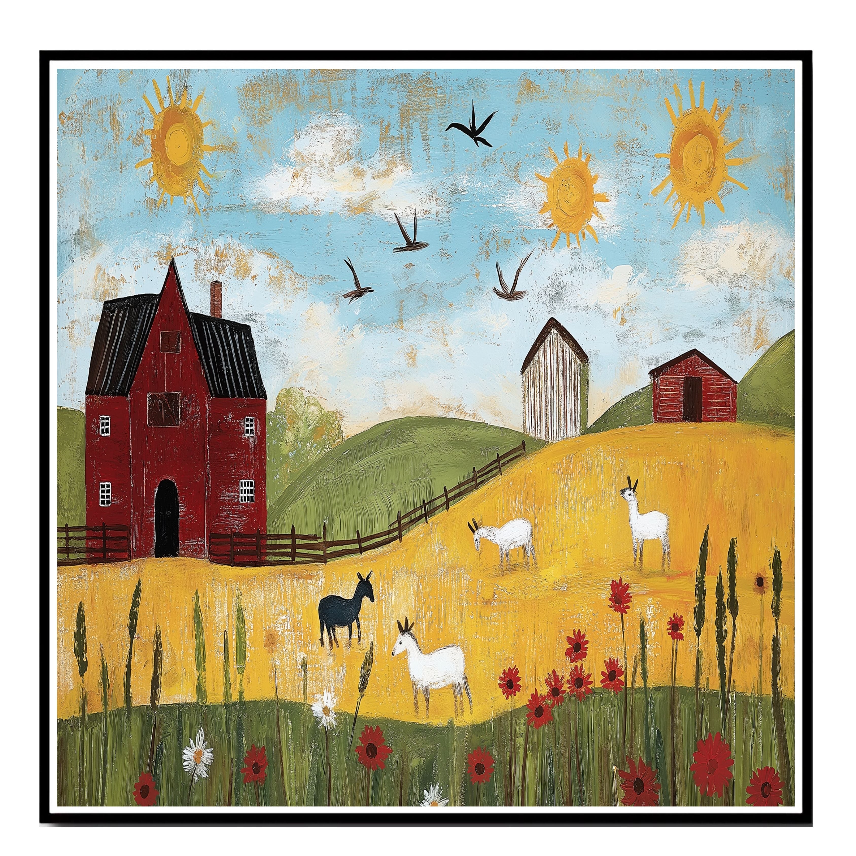 Farm Folk Art Print Featuring Red Barn Goats Sunny Hillside and Wildflowers Hand Painted Country Landscape Illustration for Rustic Wall Decor or Gift Idea on Ready to Hang 1.5" Thick Canvas Wrap, Floating Framed Canvas, Flat Rolled Canvas