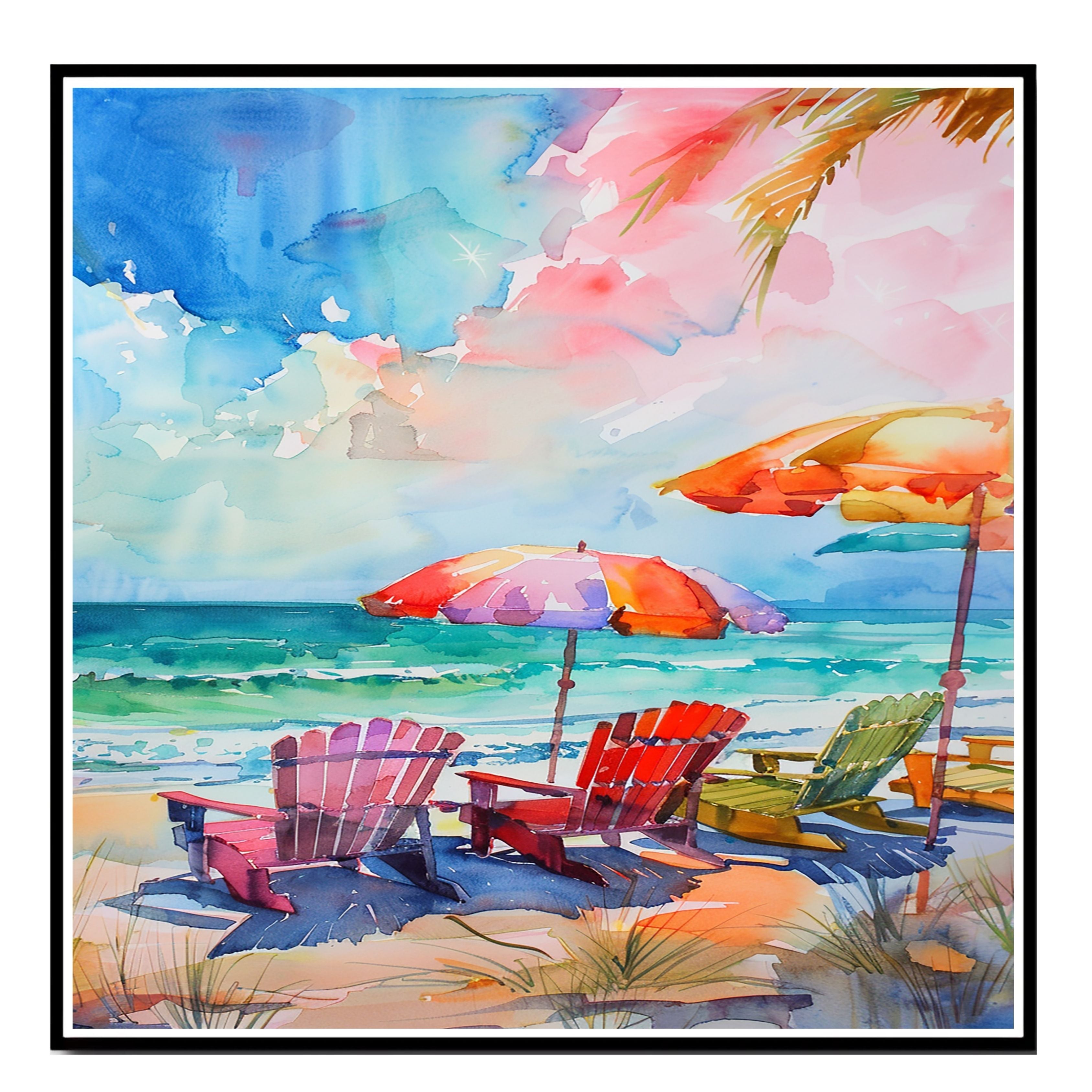 Colorful Watercolor Beach Chairs & Umbrellas – Oceanfront Coastal Art Print on Ready to Hang 1.5" Thick Canvas Wrap, Floating Framed Canvas, Flat Rolled Canvas