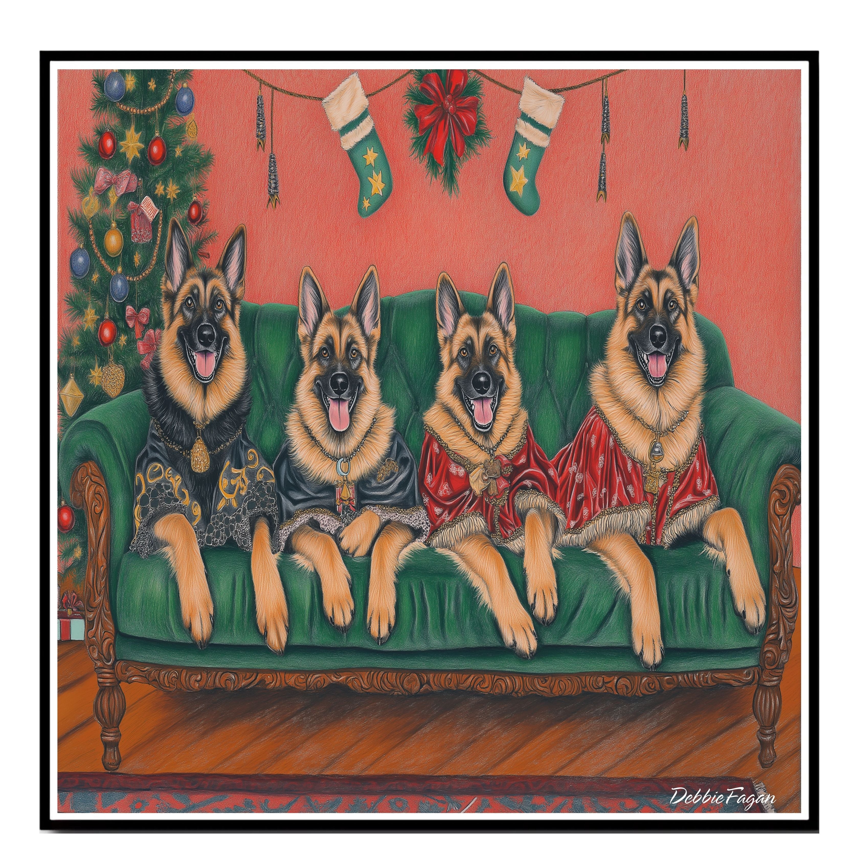 Dog Christmas Canvas - "Victorian Yuletide Splendor" - Majestic German Shepherds Amidst a Festive Winter Wonderland on Ready to Hang 1.5" Thick Canvas Wrap, Floating Framed Canvas, Flat Rolled Canvas