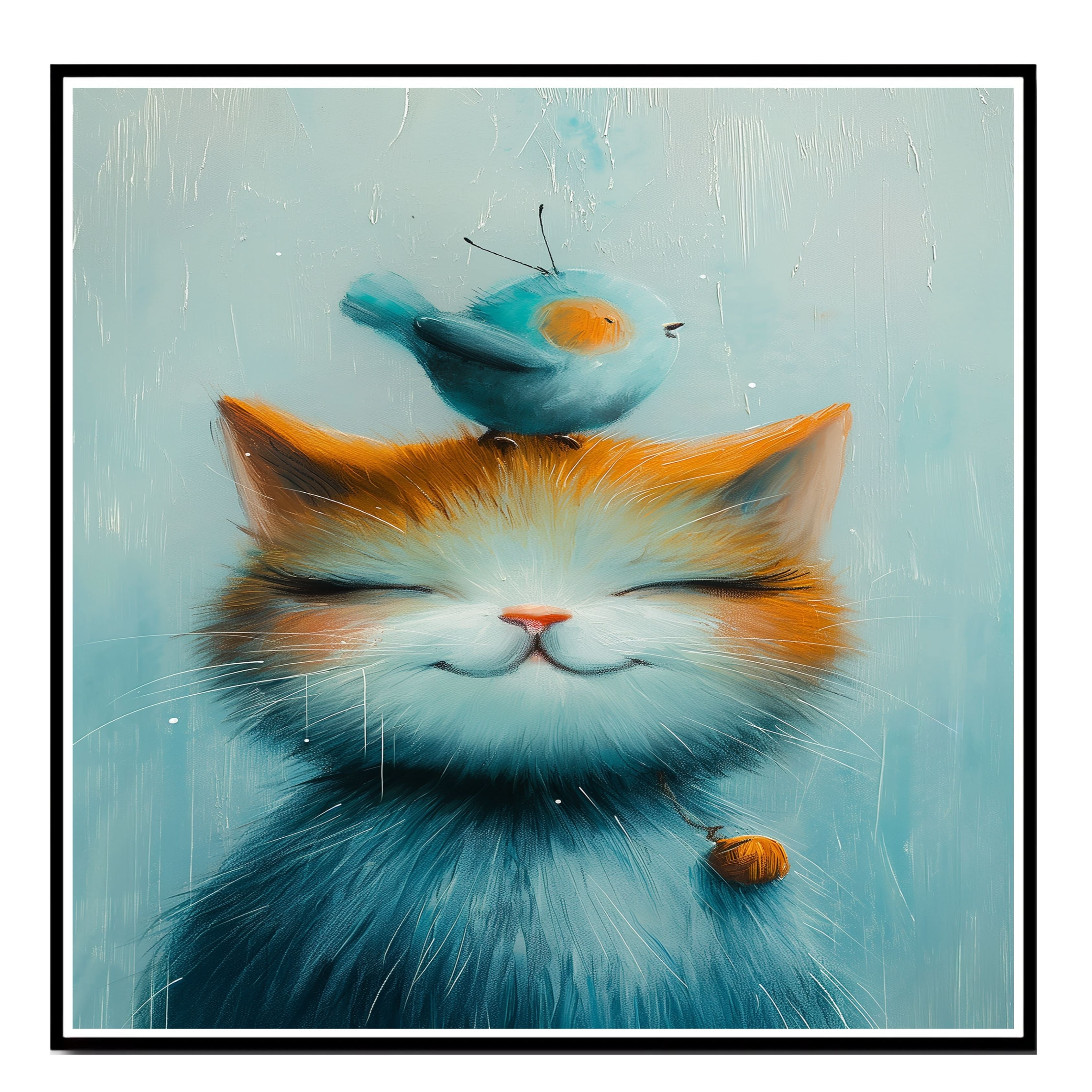 Adorable Painting of a Smiling Kitten with a Blue Bird on Its Head and Bell Collar Ideal for Whimsical Nursery Decor or Cat and Animal Lovers' Gifts on Ready to Hang 1.5" Thick Canvas Wrap, Floating Framed Canvas, Flat Rolled Canvas