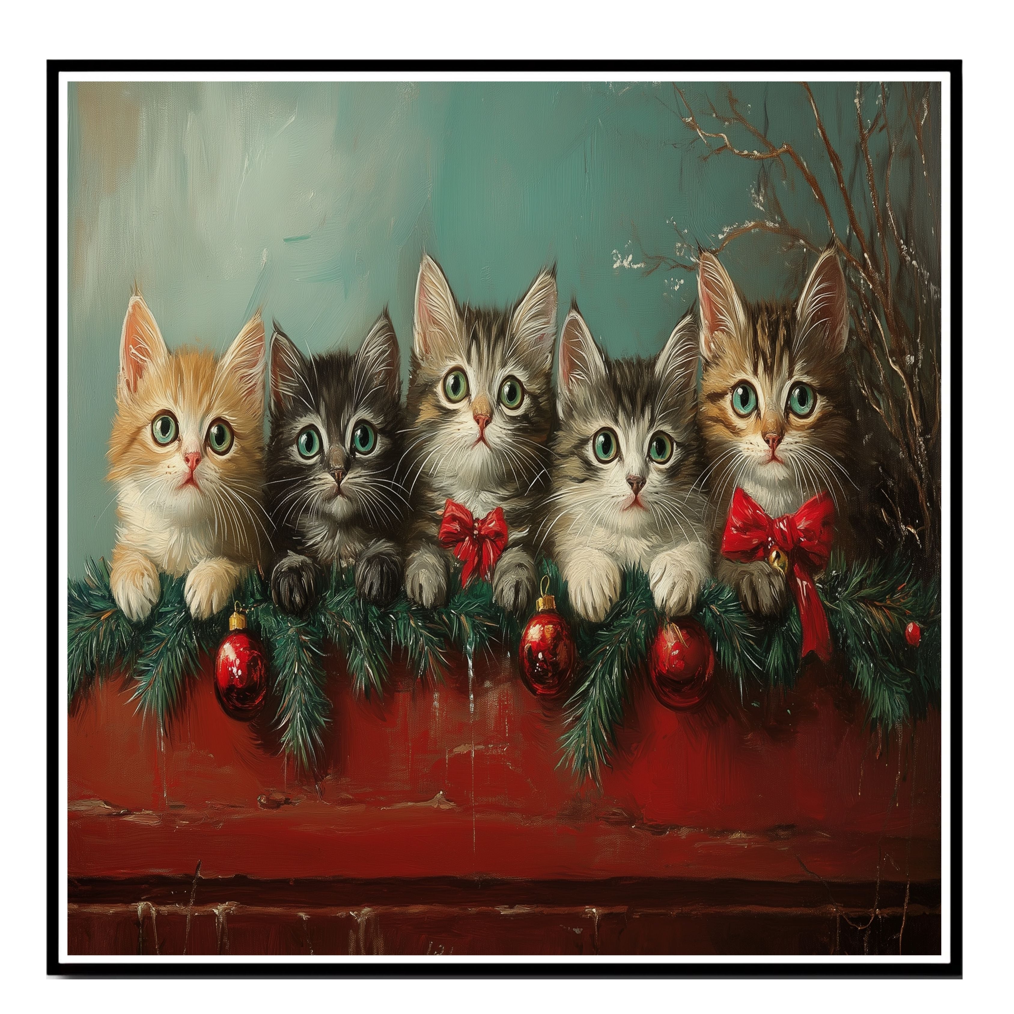 "Retro Christmas Charm: Five Adorable Kittens" Vintage-Style Holiday Scene on Ready to Hang 1.5" Thick Canvas Wrap, Floating Framed Canvas, Flat Rolled Canvas