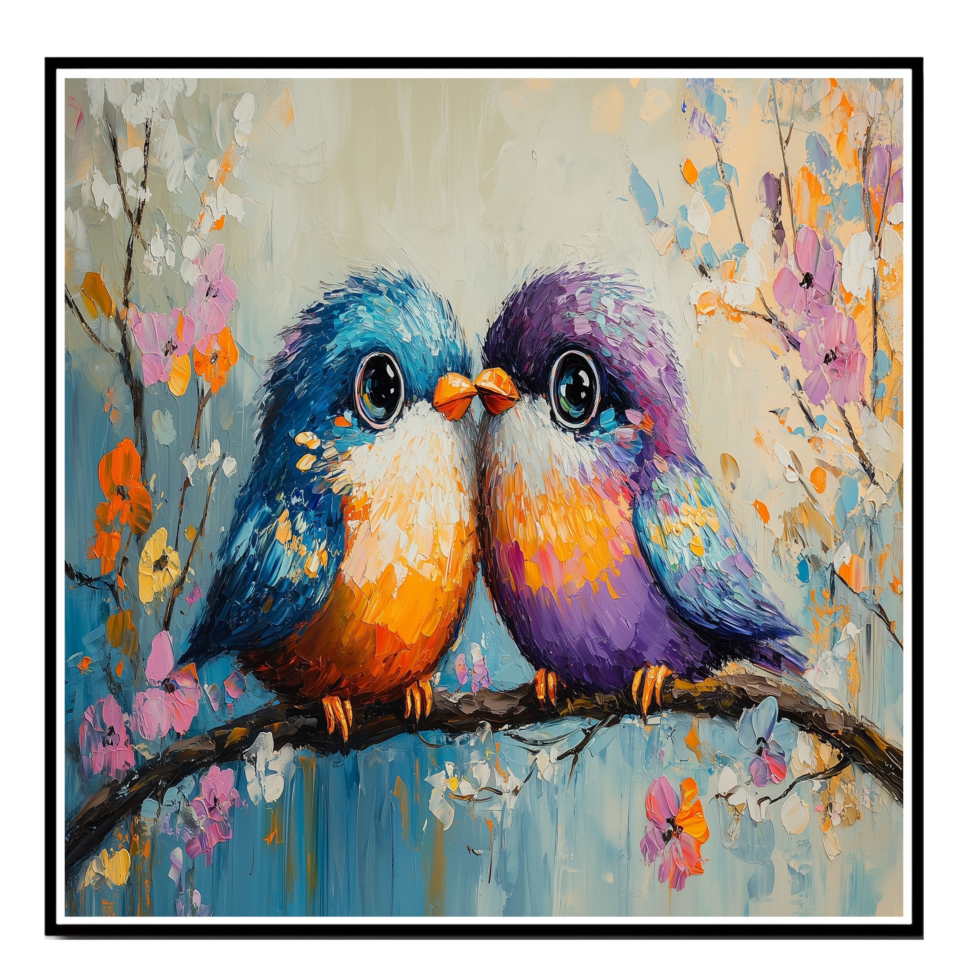 Painting of Two Plump Birds Touching Beaks While Sitting on a Blooming Branch Surrounded by Bright Spring Flowers with Vivid Feathers and Big Shiny Eyes on Ready to Hang 1.5" Thick Canvas Wrap, Floating Framed Canvas, Flat Rolled Canvas