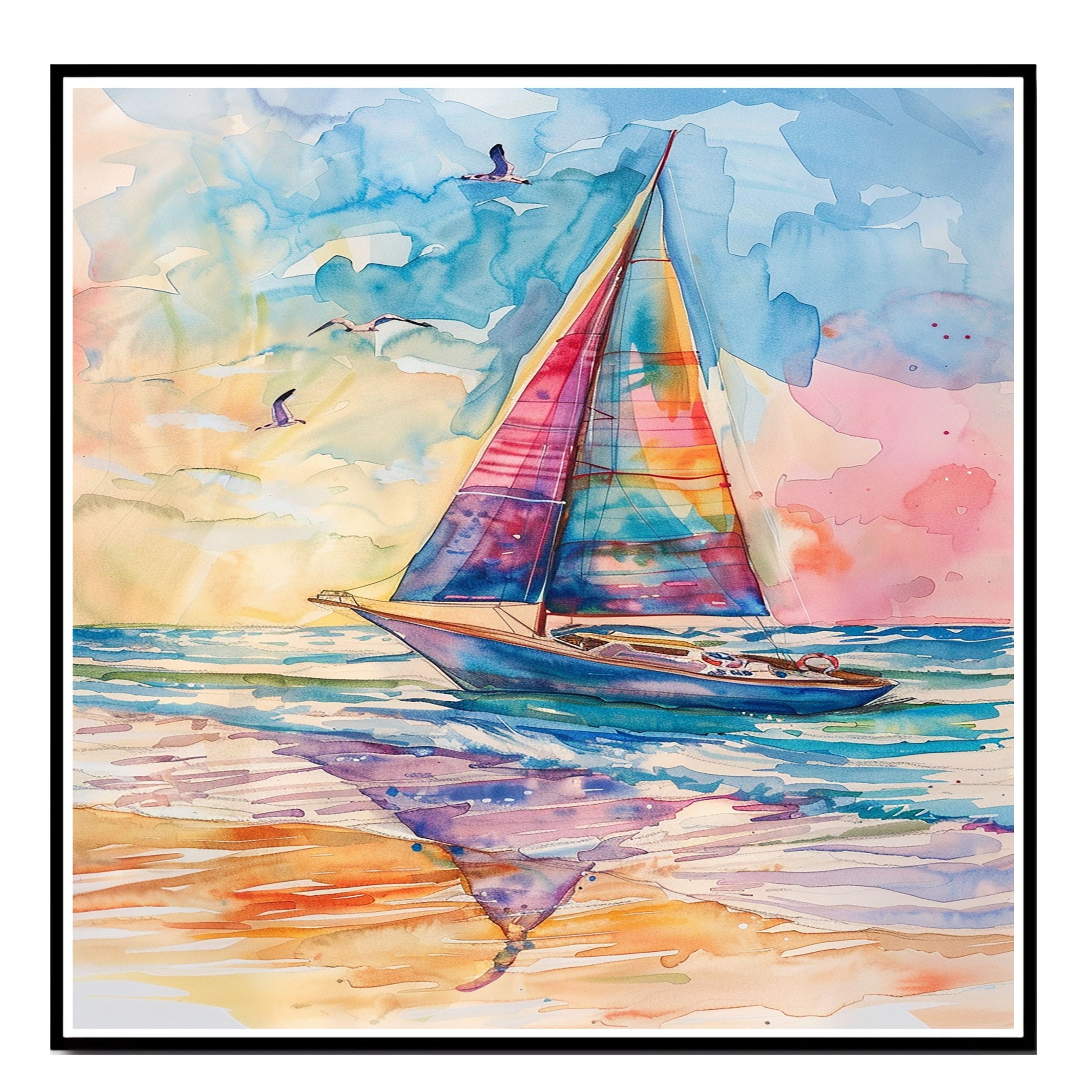 Colorful Sailboat Watercolor Painting with Ocean Waves, Sunset Sky, and Flying Seagulls on Ready to Hang 1.5" Thick Canvas Wrap, Floating Framed Canvas, Flat Rolled Canvas