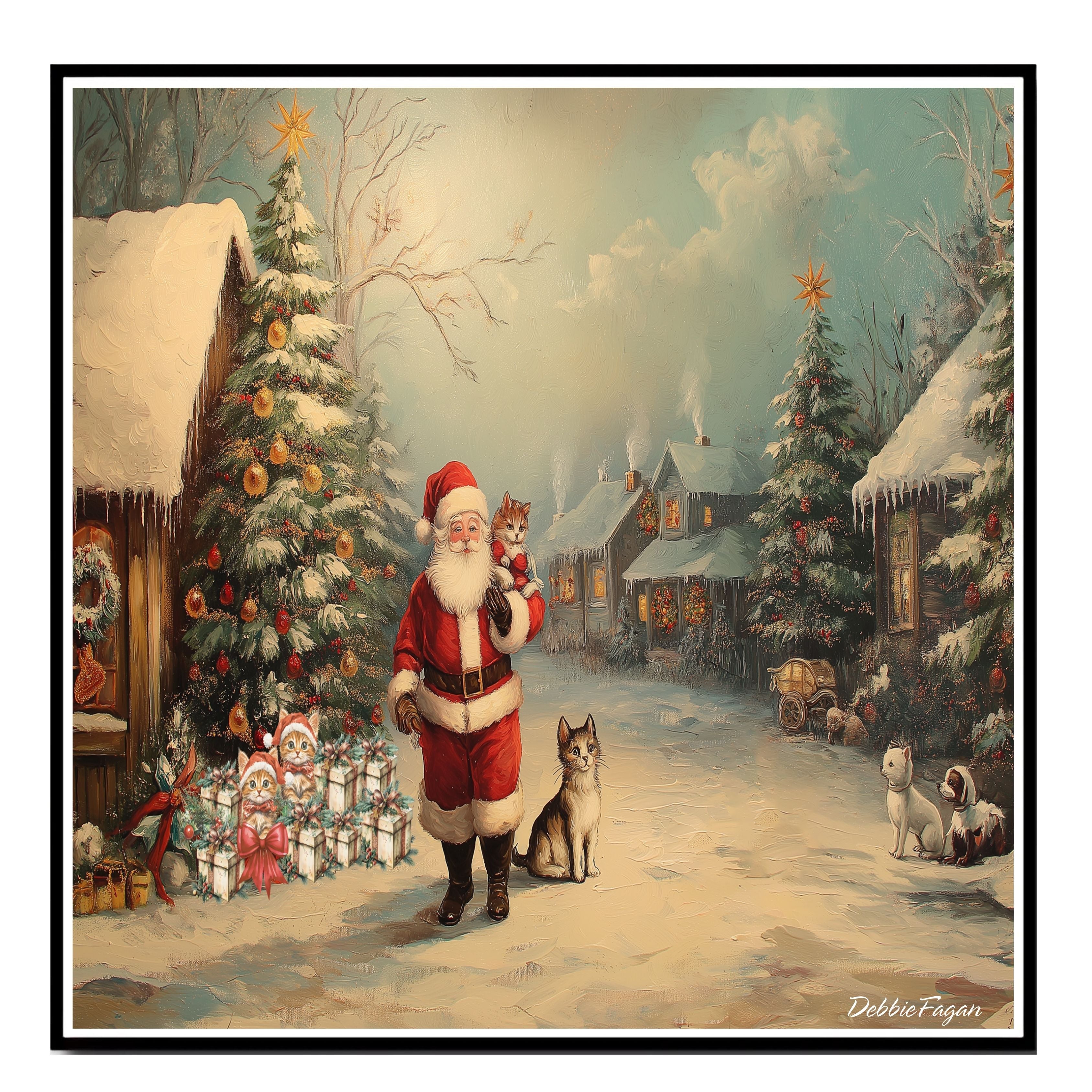 ÒPaws and Claws Christmas VillageÓ - Santa Surrounded by Furry Friends in a Festive Pet-Friendly Wonderland on Ready to Hang 1.5" Thick Canvas Wrap, Floating Framed Canvas, Flat Rolled Canvas