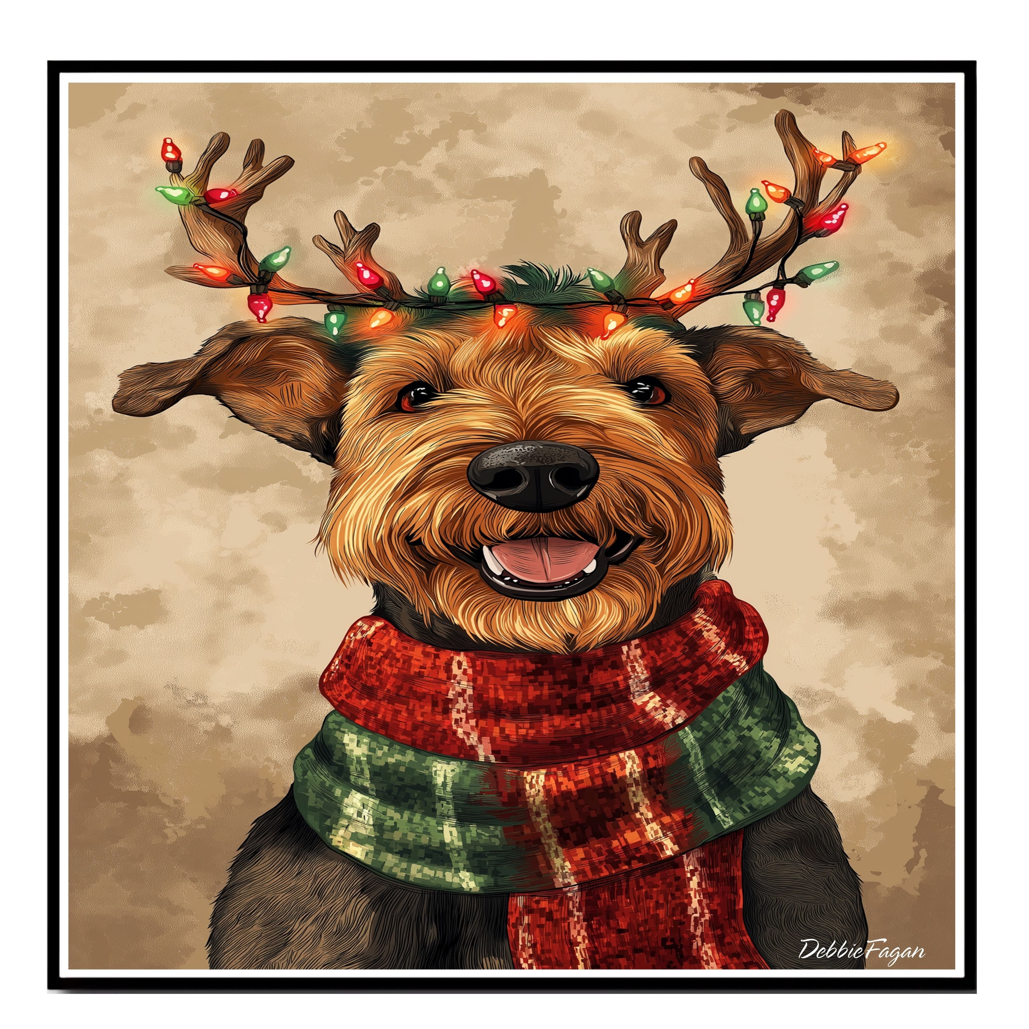 Airedale Festive Lights - 'Holiday Antlers' - Airedale Terrier in Red & Green Scarf with Christmas Light Antlers, Ready to Hang 1.5" Thick Canvas Wrap, Floating Framed Canvas, Flat Rolled Canvas