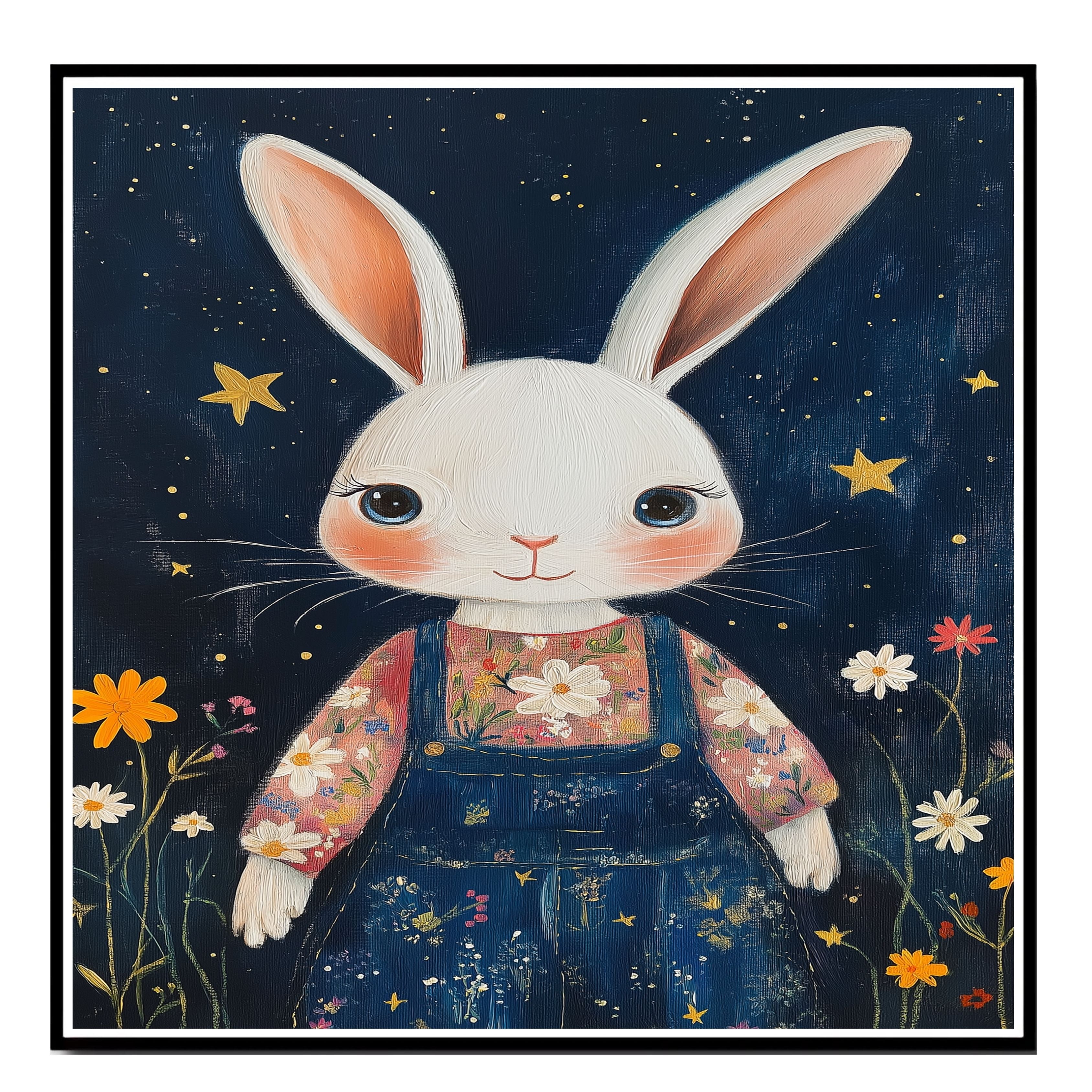 Adorable White Bunny in Floral Shirt and Overalls Hand Painted Art Whimsical Night Sky Scene Perfect for Nursery Kids Room Wall Decor Bedroom or Gift on Ready to Hang 1.5" Thick Canvas Wrap, Floating Framed Canvas, Flat Rolled Canvas