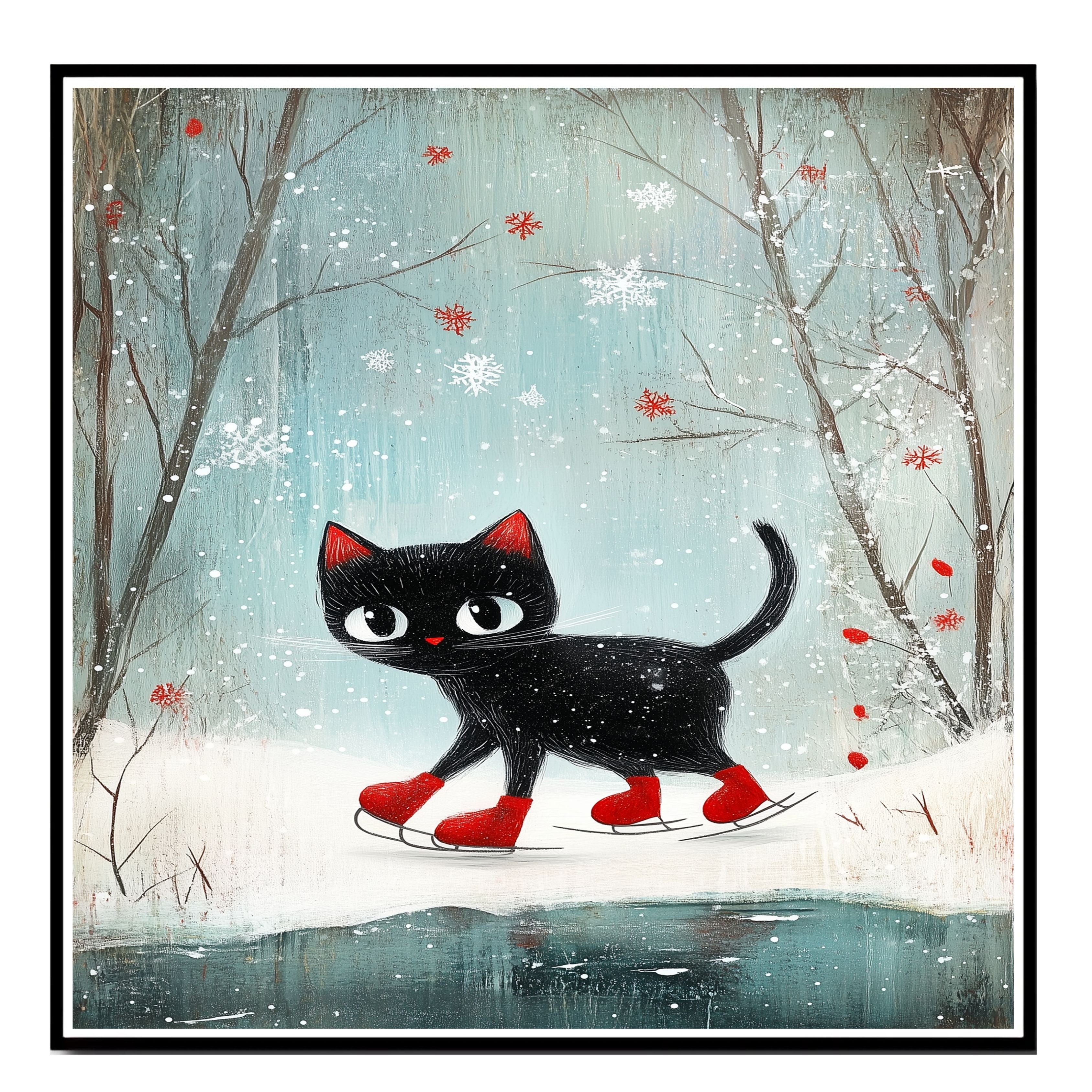 Christmas Wall Art Featuring Black Cat in Red Skates Gliding on Ice in Snowy Forest Whimsical Holiday Illustration Perfect for Cat Lovers and Winter Home Decor on Ready to Hang 1.5" Thick Canvas Wrap, Floating Framed Canvas, Flat Rolled Canvas