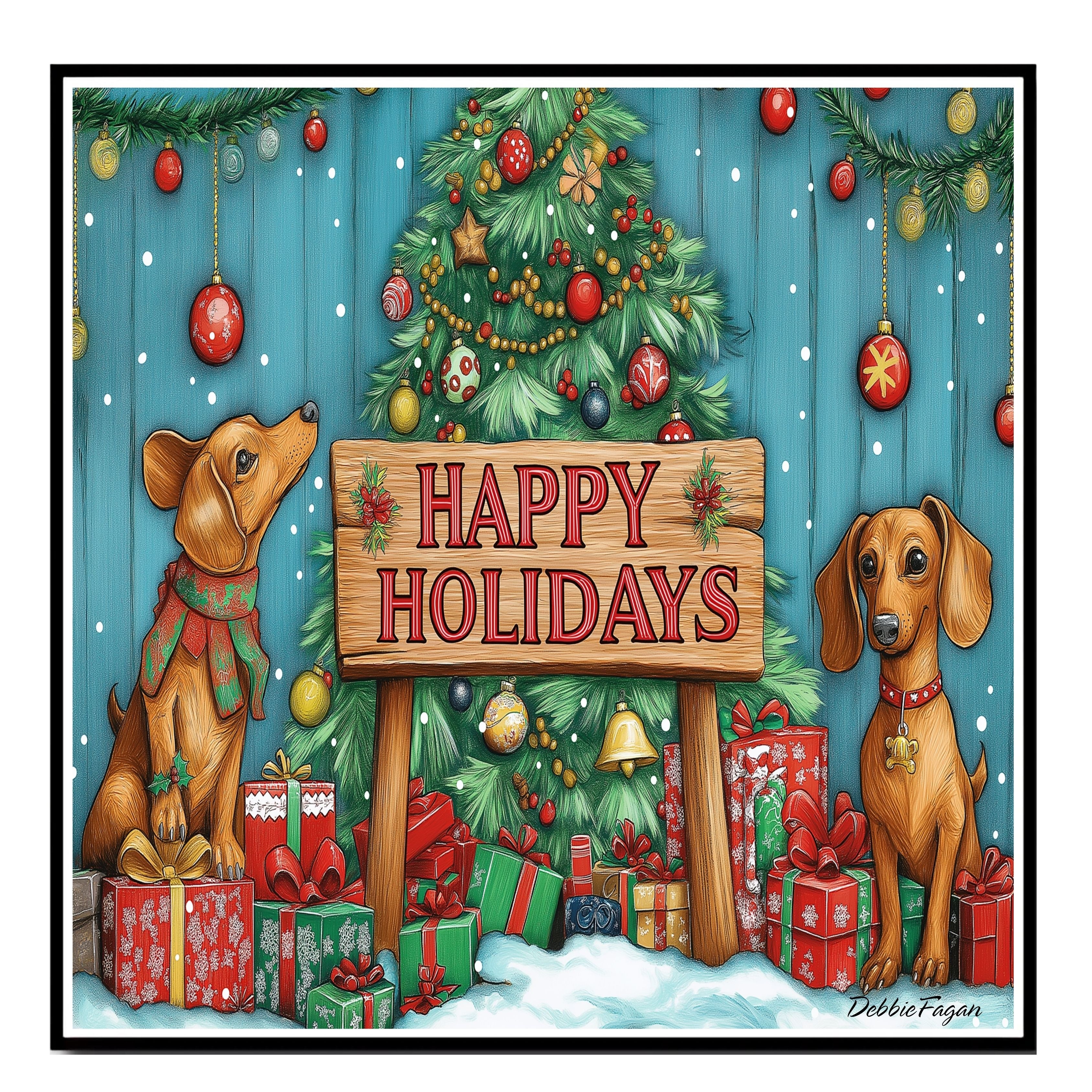 "Puppy Wonderland" - Adorable Puppies Playing in Winter Snow with Festive Christmas Trees and Presents on Ready to Hang 1.5" Thick Canvas Wrap, Floating Framed Canvas, Flat Rolled Canvas